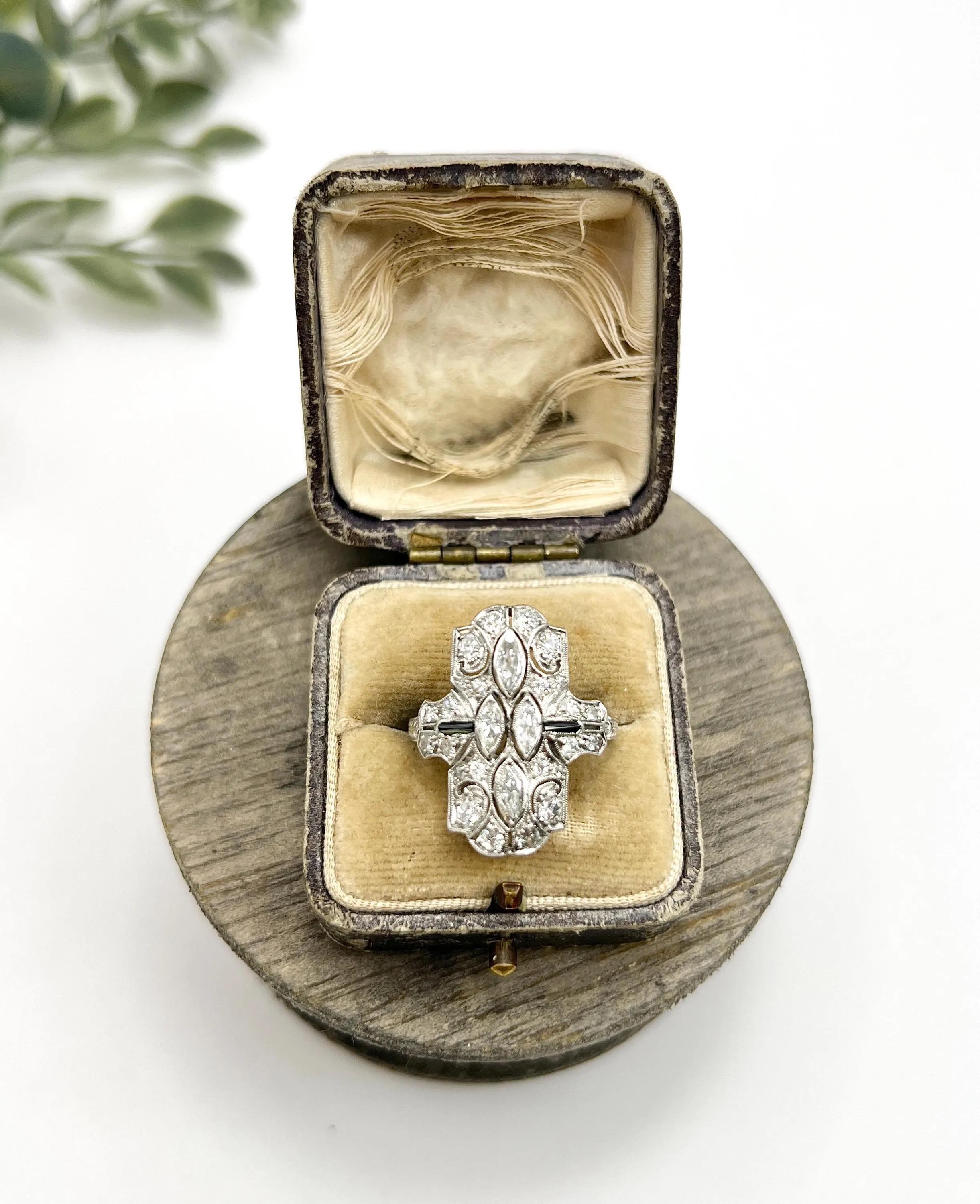 Platinum, Art Deco Style Diamond and Onyx Shield Shaped Ring For Sale 5