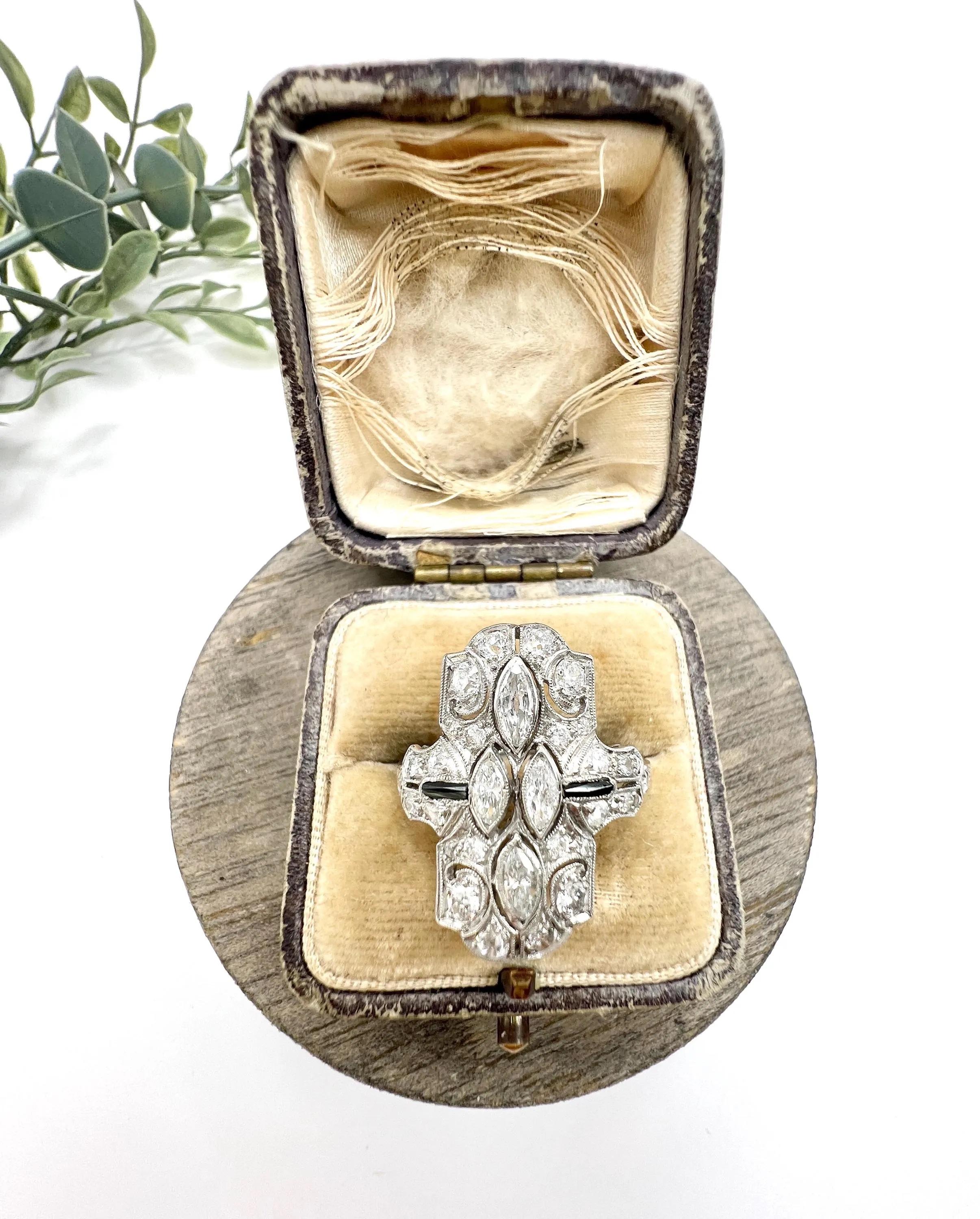Platinum, Art Deco Style Diamond and Onyx Shield Shaped Ring For Sale 6