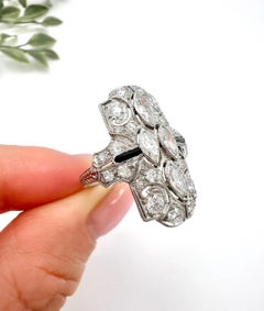 Platinum, Art Deco Style Diamond and Onyx Shield Shaped Ring