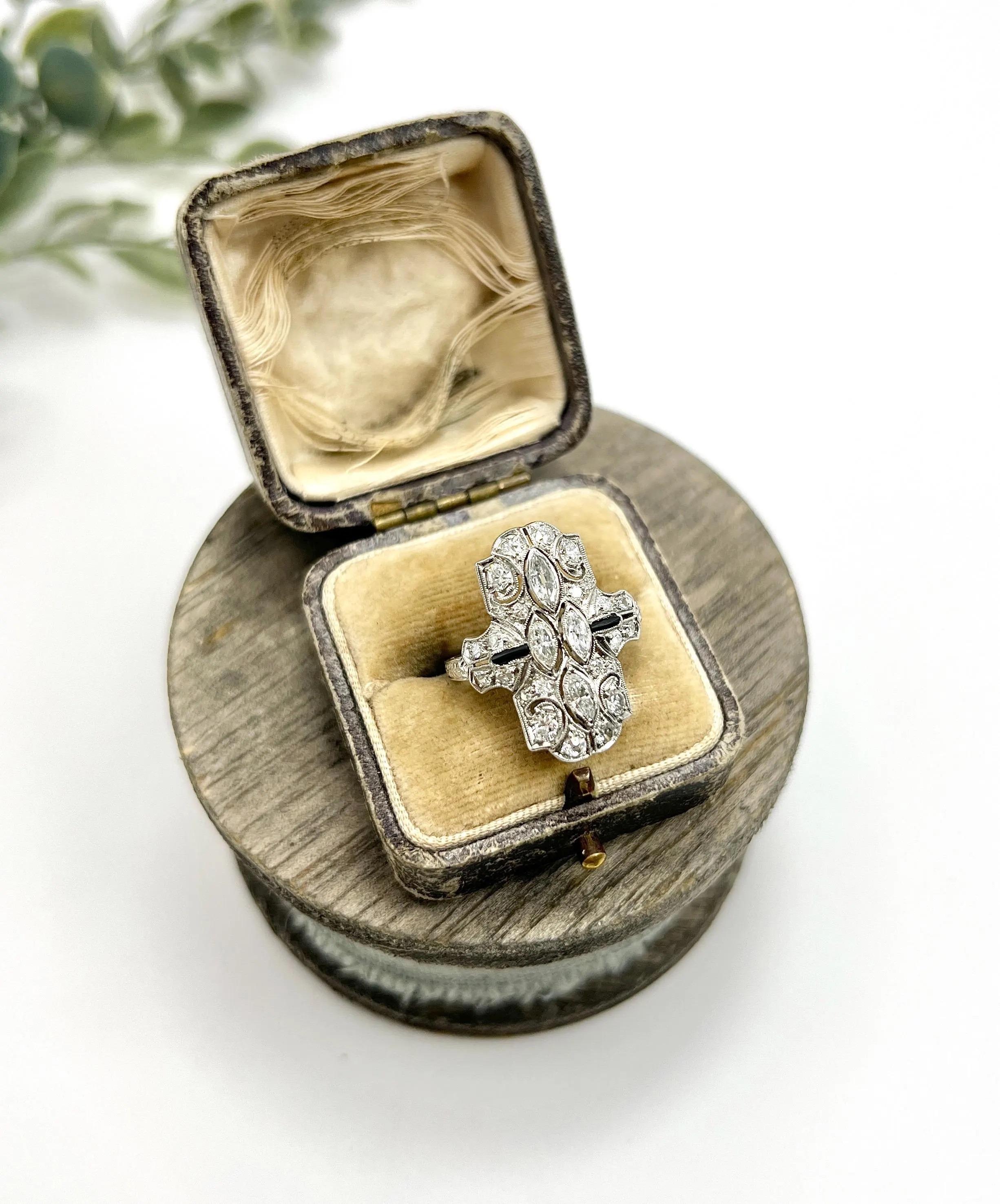 Mixed Cut Platinum, Art Deco Style Diamond and Onyx Shield Shaped Ring For Sale