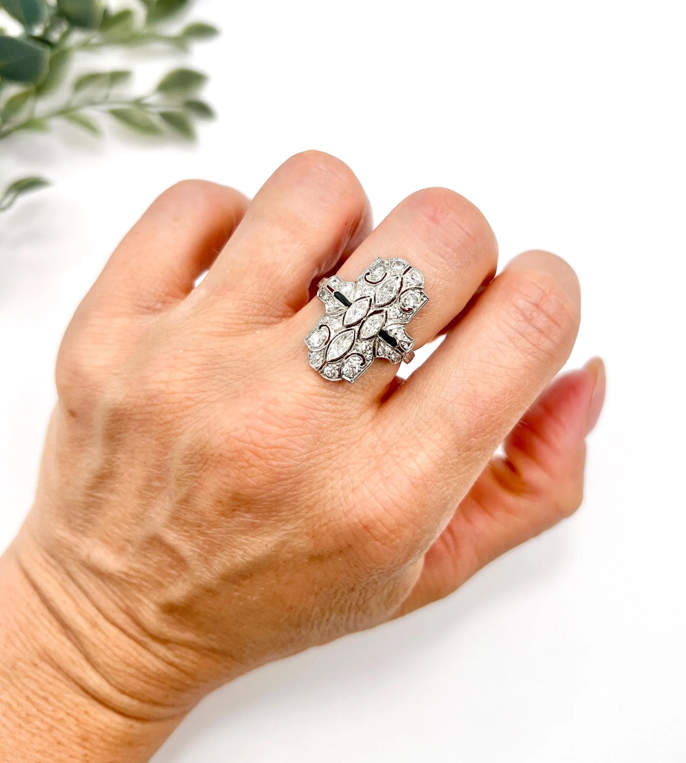 Women's or Men's Platinum, Art Deco Style Diamond and Onyx Shield Shaped Ring For Sale