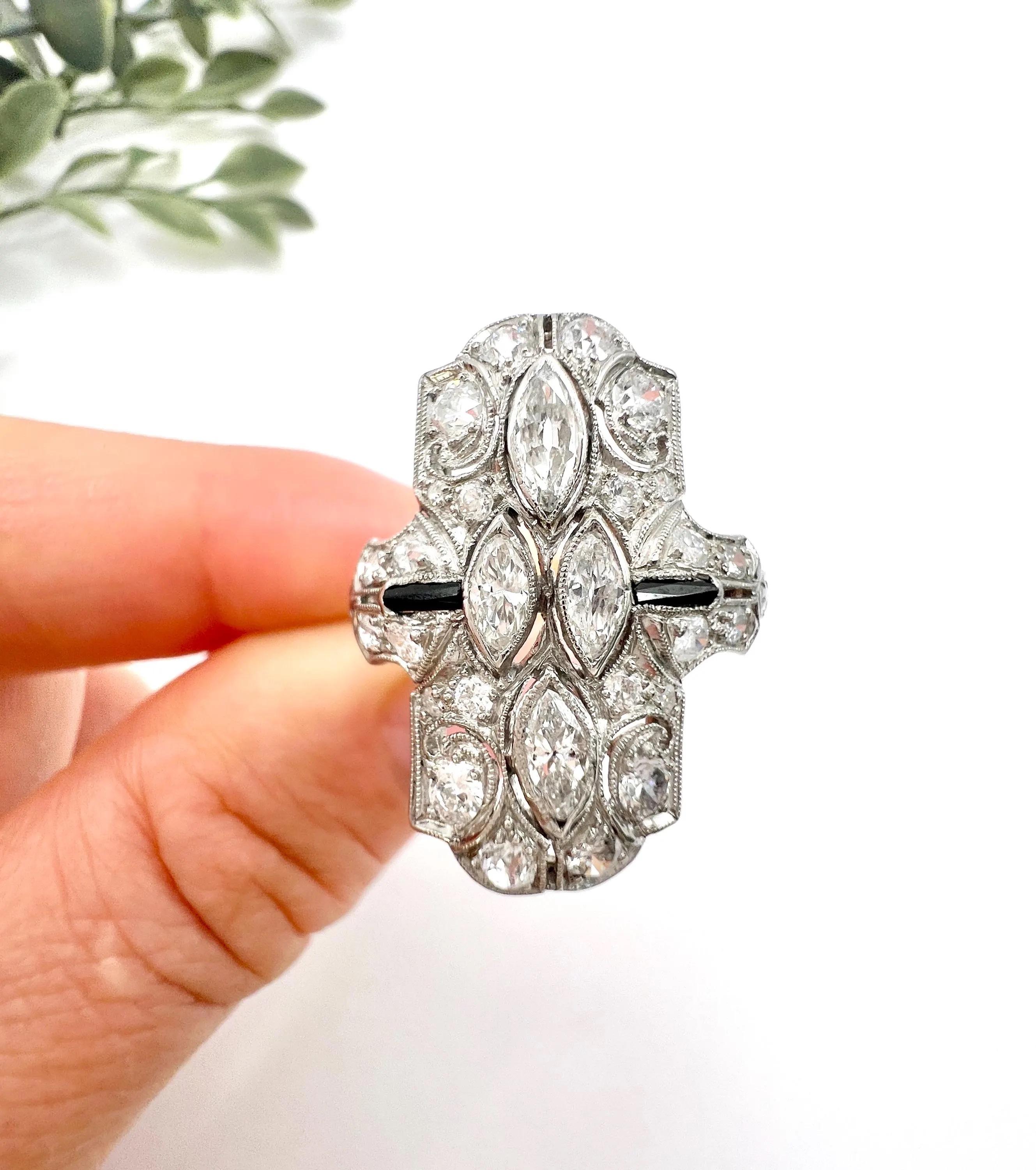 Platinum, Art Deco Style Diamond and Onyx Shield Shaped Ring For Sale 1