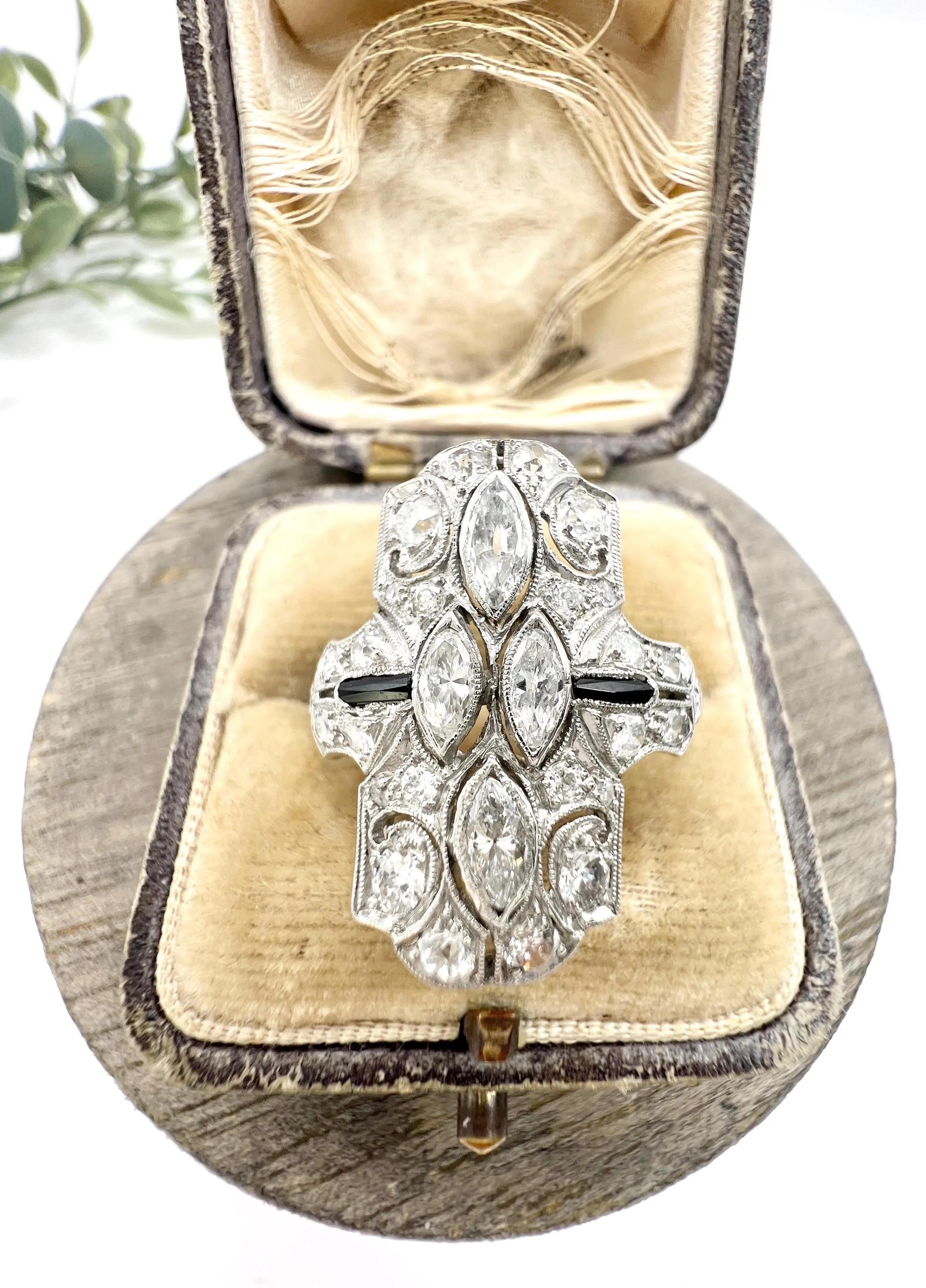 Platinum, Art Deco Style Diamond and Onyx Shield Shaped Ring For Sale 2