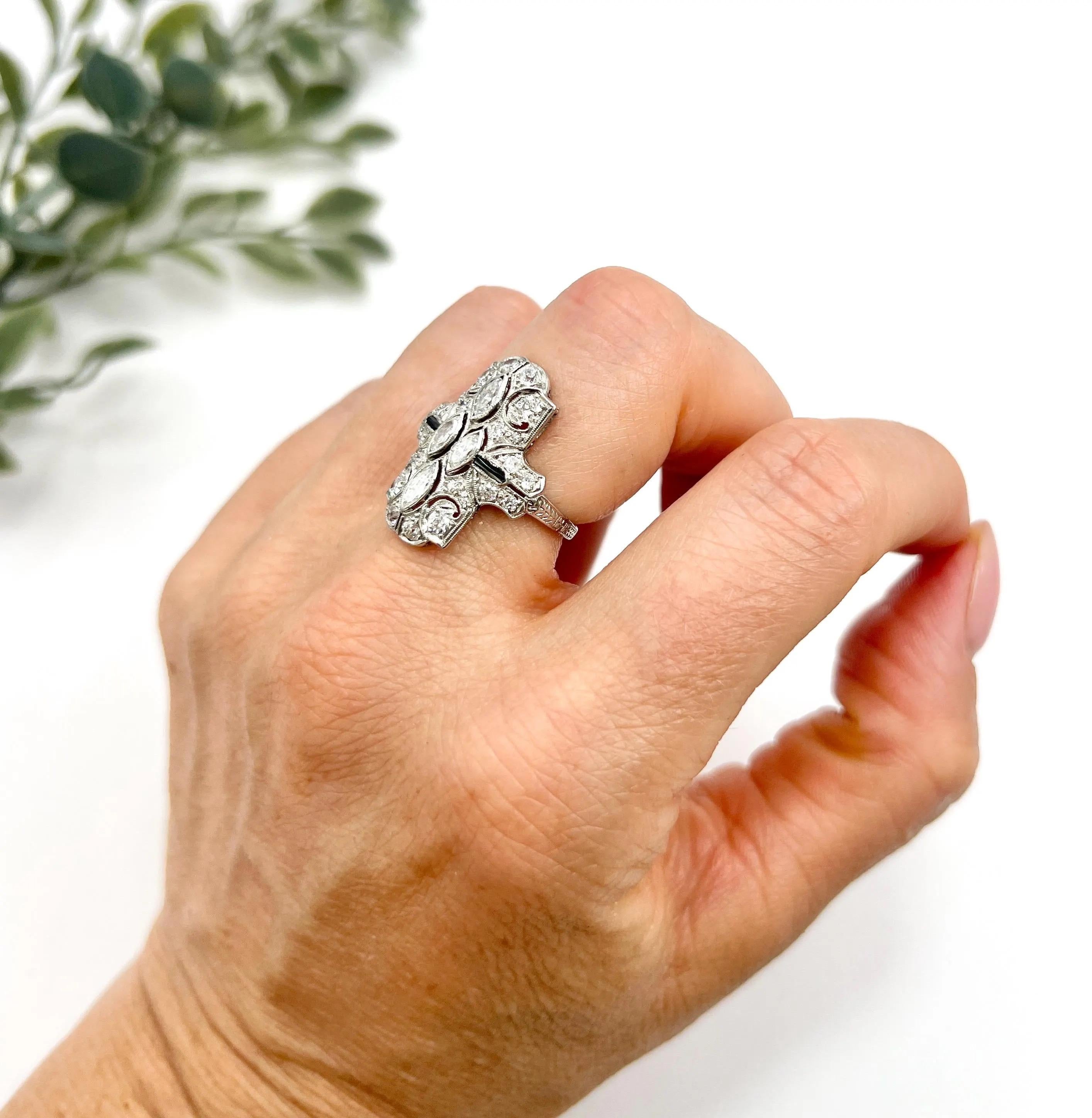 Platinum, Art Deco Style Diamond and Onyx Shield Shaped Ring For Sale 3