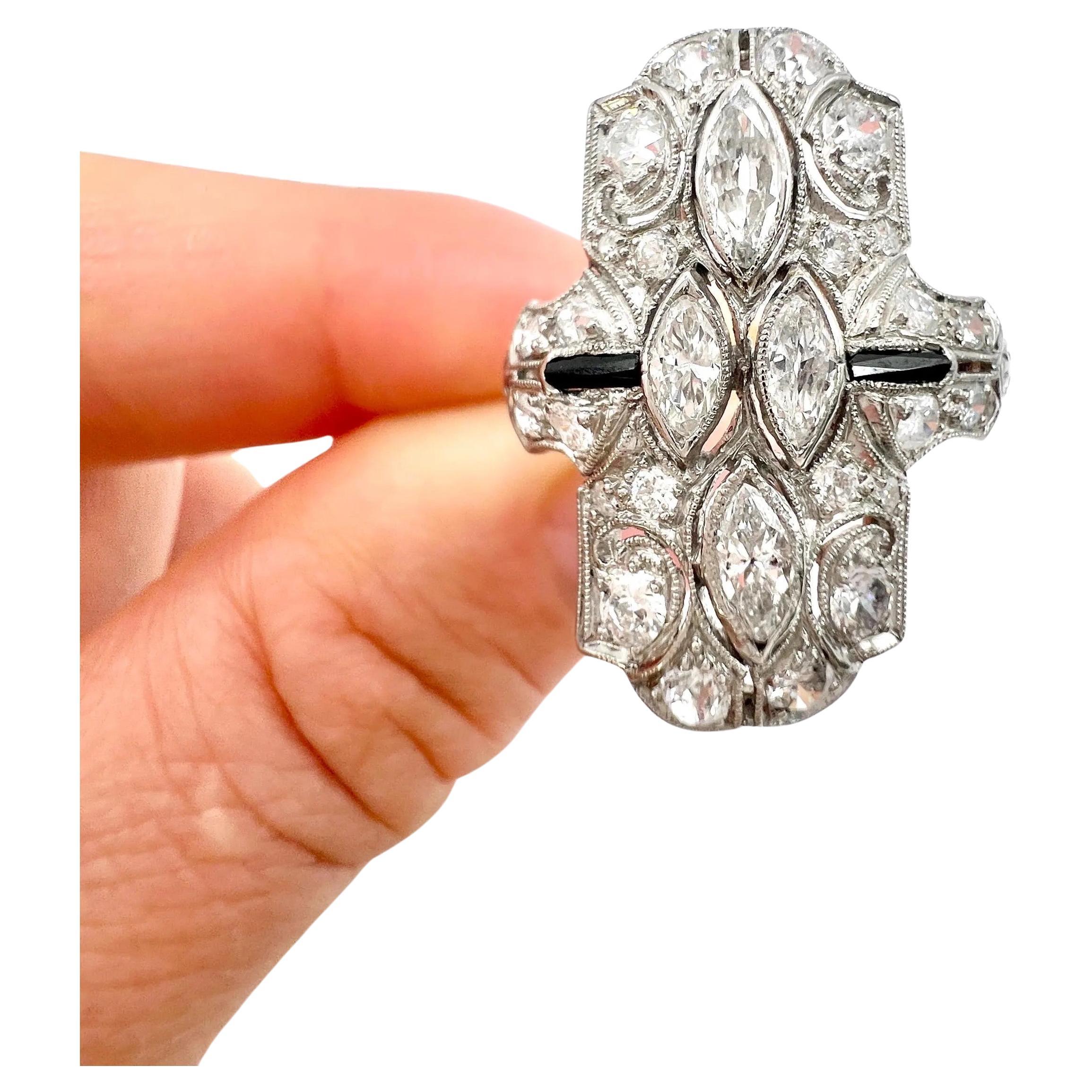 Platinum, Art Deco Style Diamond and Onyx Shield Shaped Ring For Sale