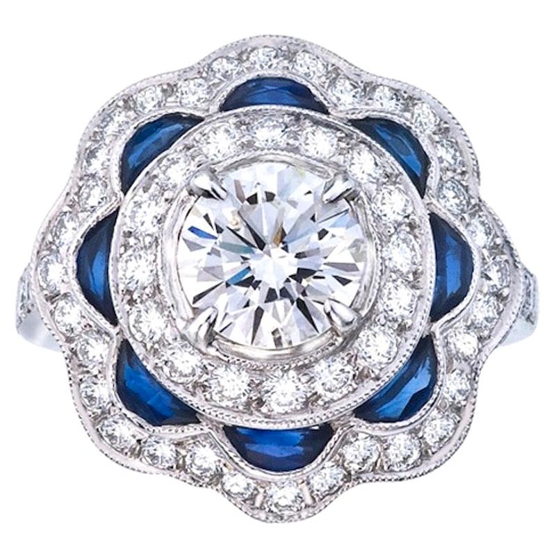 Platinum "Art Deco style" Diamond and Sapphire Ring For Sale