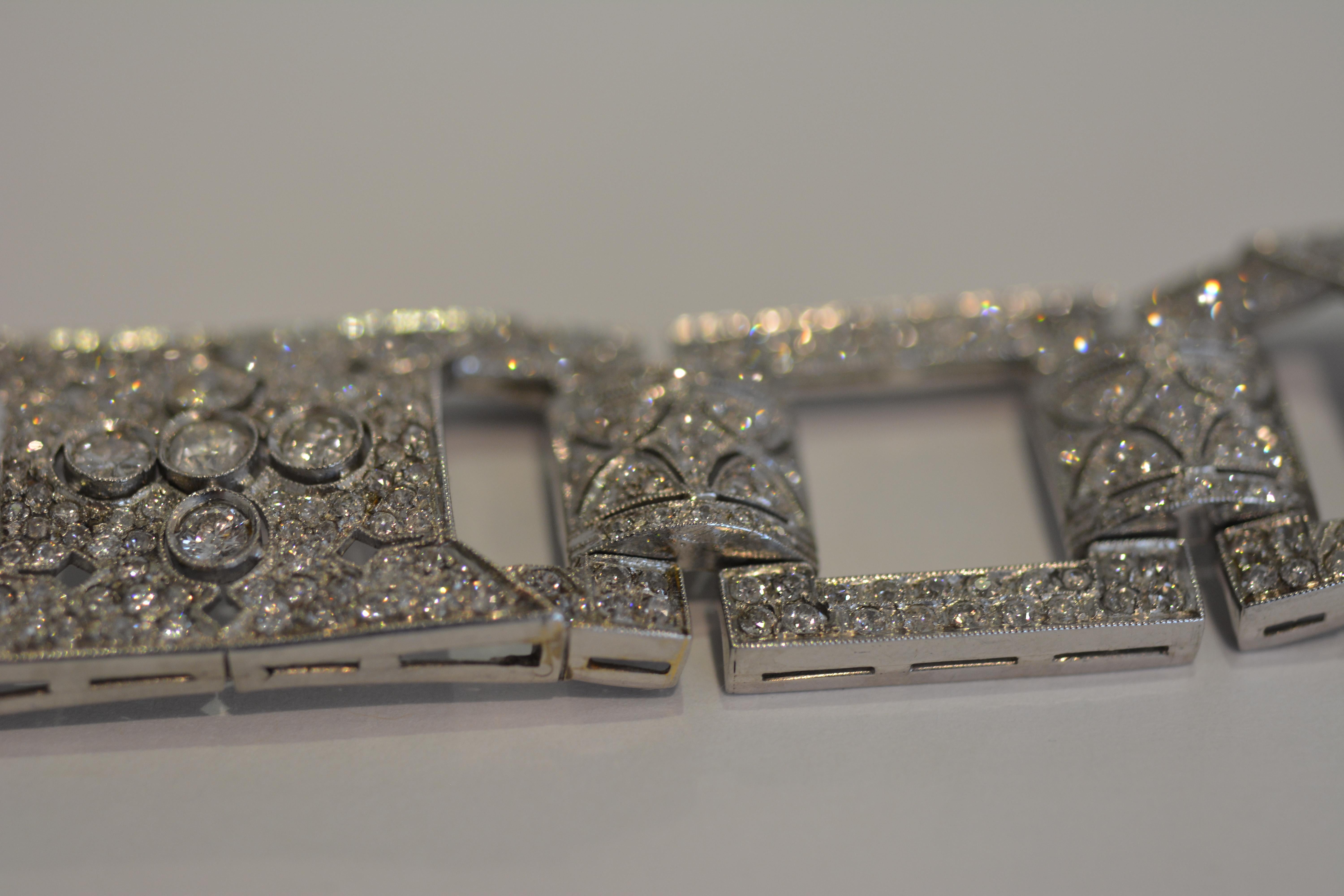 Platinum  and diamond Bracelet, Art Deco style
The bracelet features transition cut round diamonds and old-european cut small diamonds, weighing a total of 8.30 carats, set in platinum. Gross weight 51.00 grams.
Dimensions: 7.5 inches x 13/16