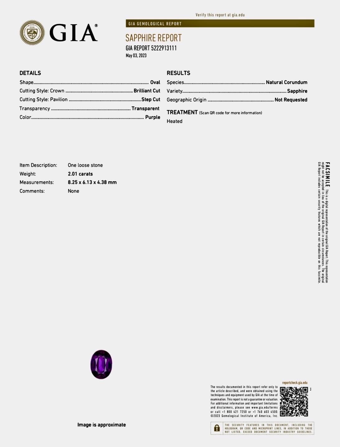 Platinum Art Deco Style Diamond GIA 2.01 Carat Vivid Purple Oval Sapphire Ring For Sale 3