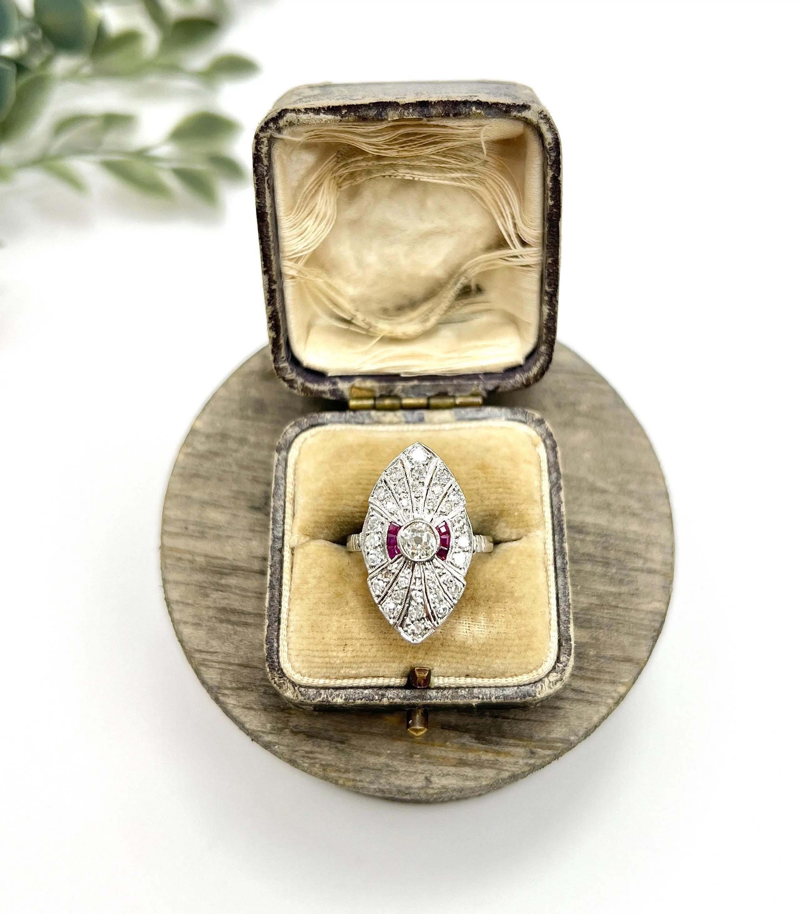 Platinum, Art Deco Style Diamond & Ruby Marquise / Navette Shaped Ring For Sale 5