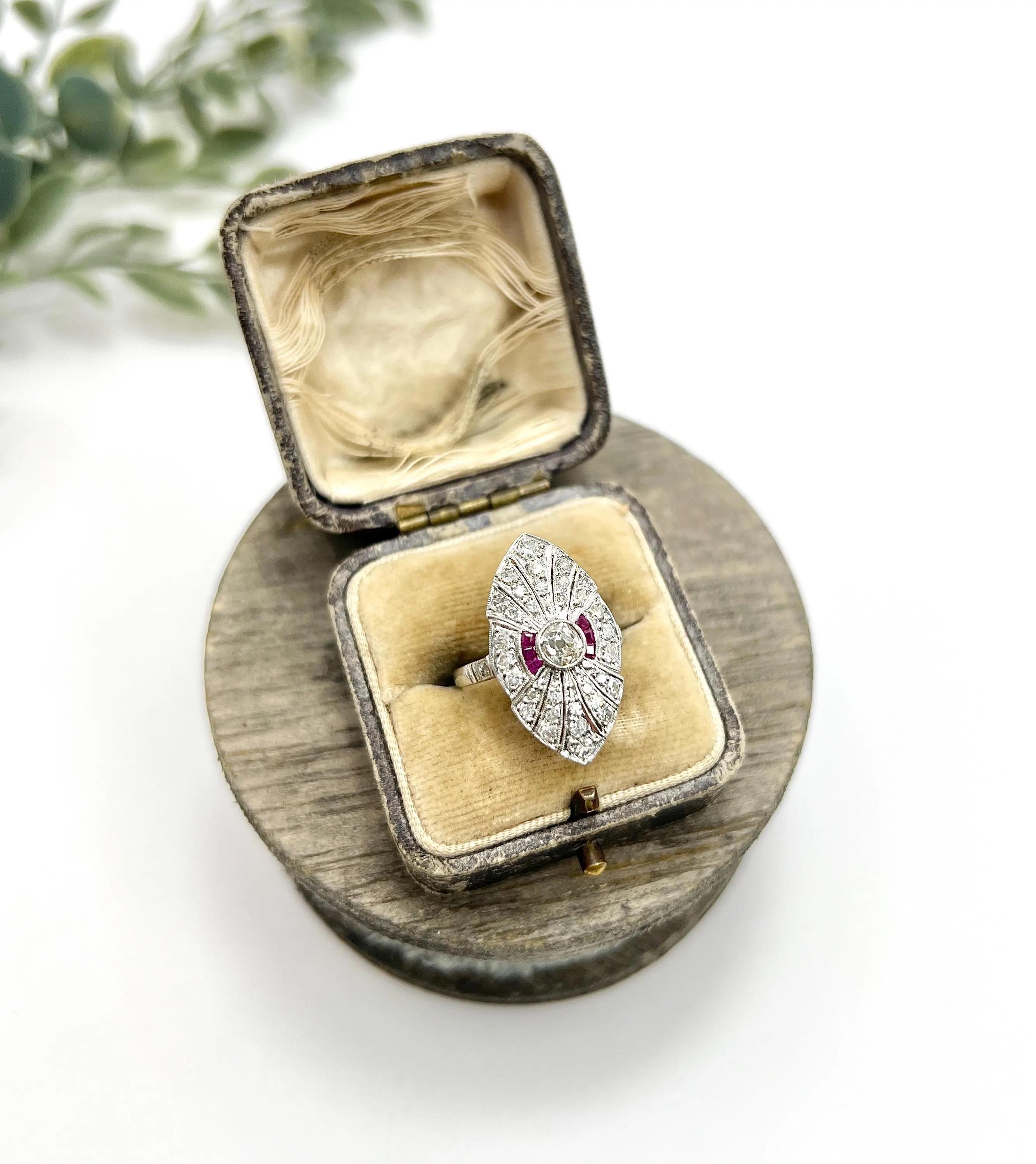 Platinum, Art Deco Style Diamond & Ruby Marquise / Navette Shaped Ring For Sale 6