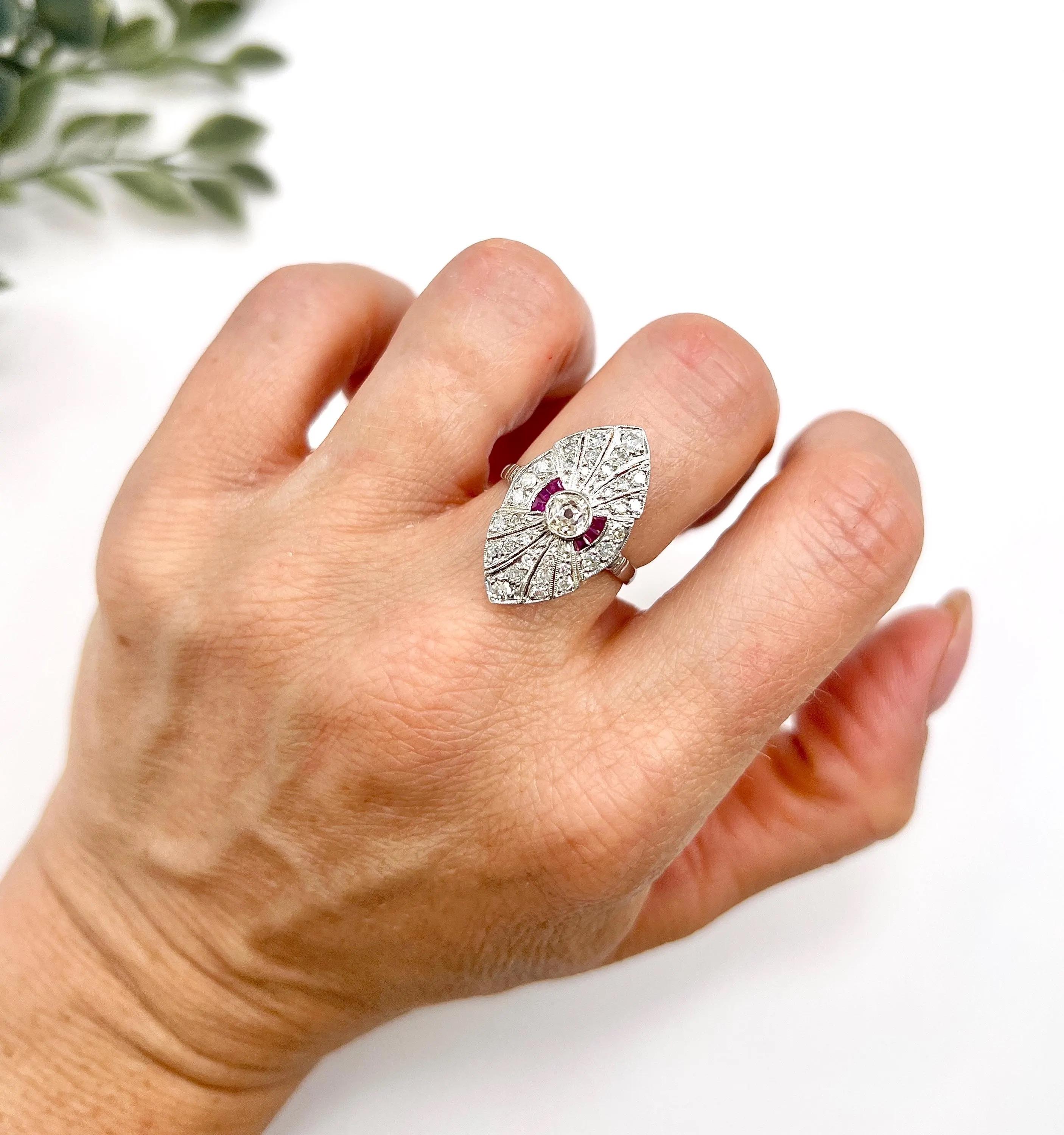 Mixed Cut Platinum, Art Deco Style Diamond & Ruby Marquise / Navette Shaped Ring For Sale