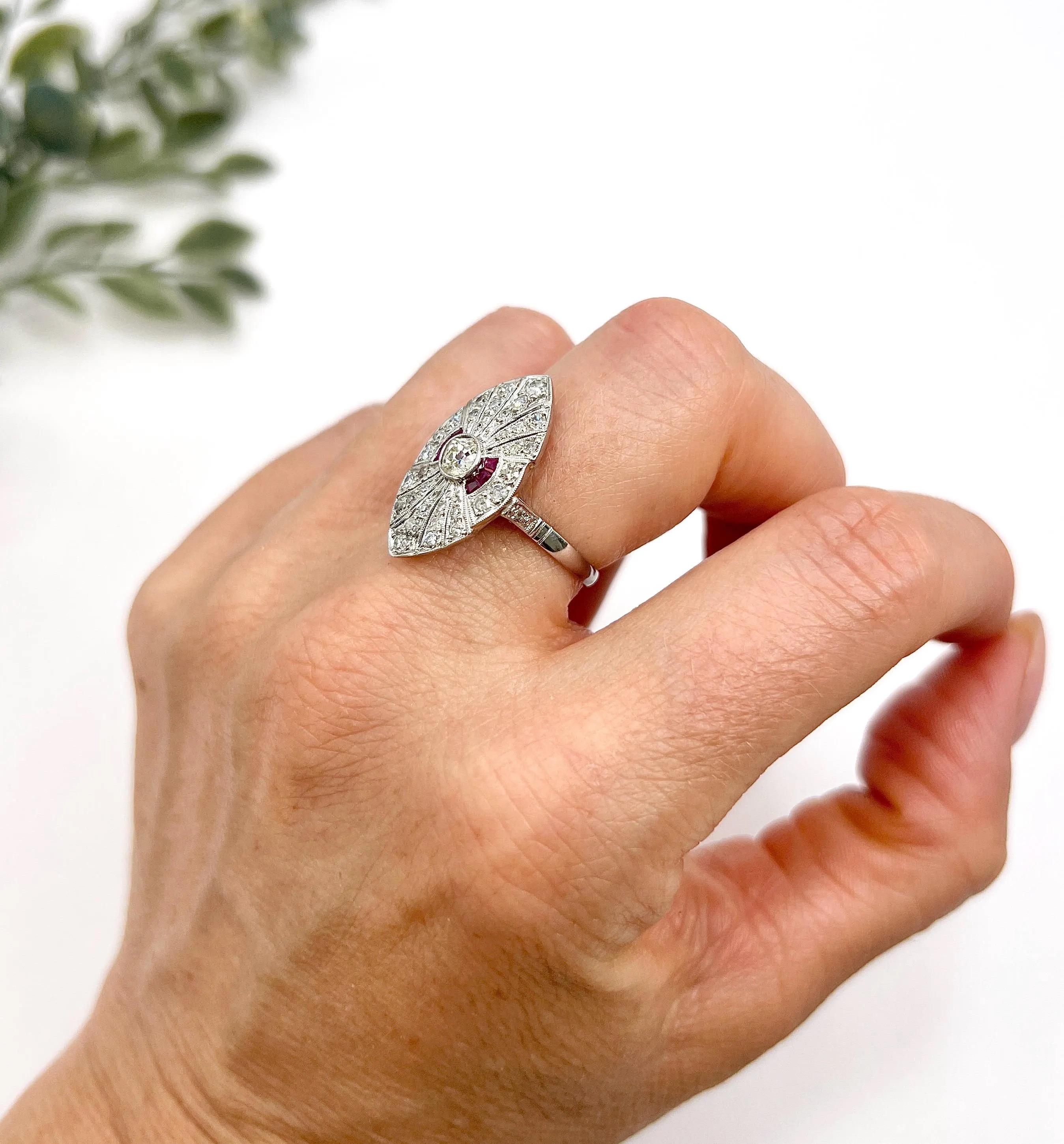 Platinum, Art Deco Style Diamond & Ruby Marquise / Navette Shaped Ring In Good Condition For Sale In Brighton, GB