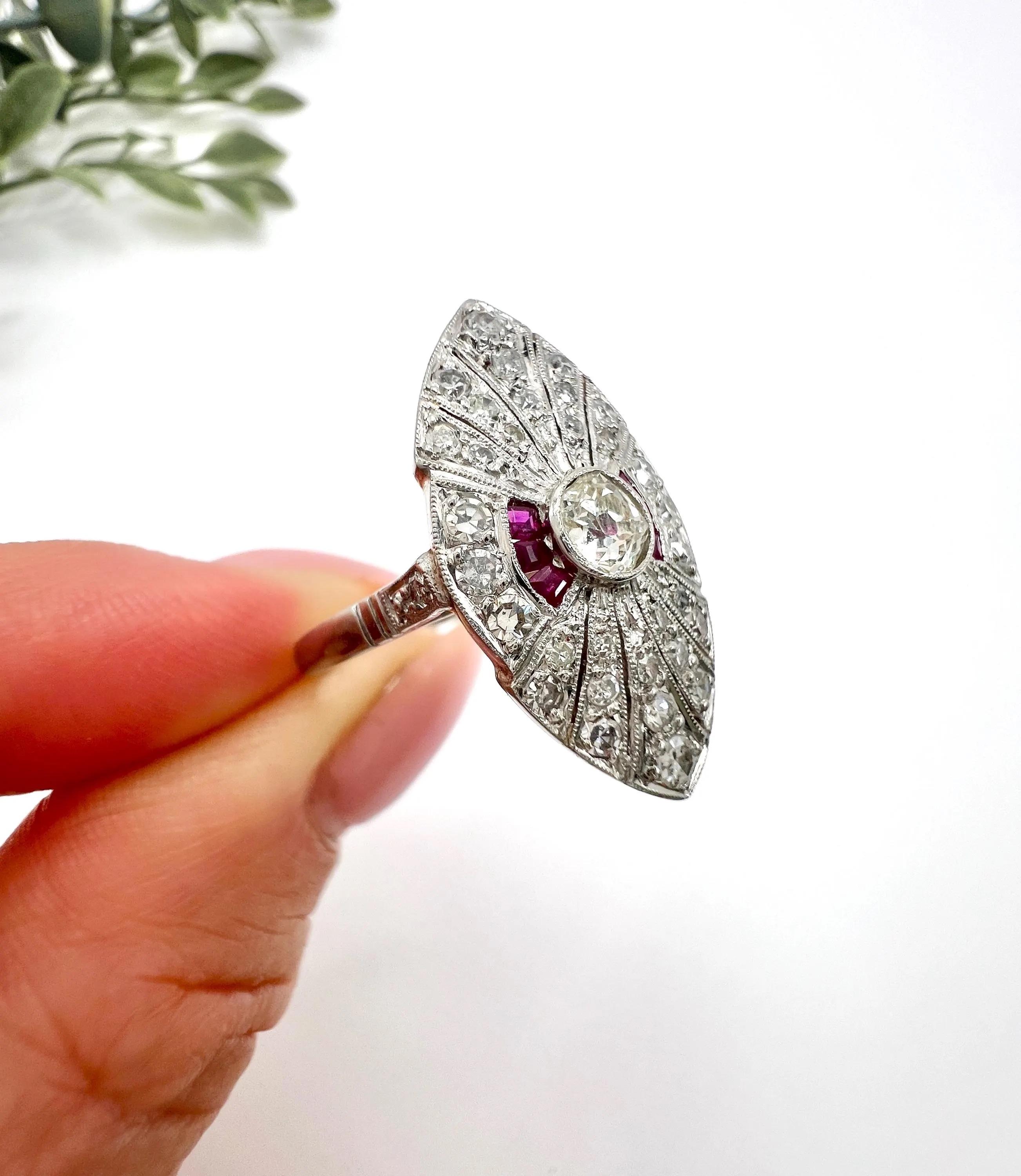 Women's or Men's Platinum, Art Deco Style Diamond & Ruby Marquise / Navette Shaped Ring For Sale