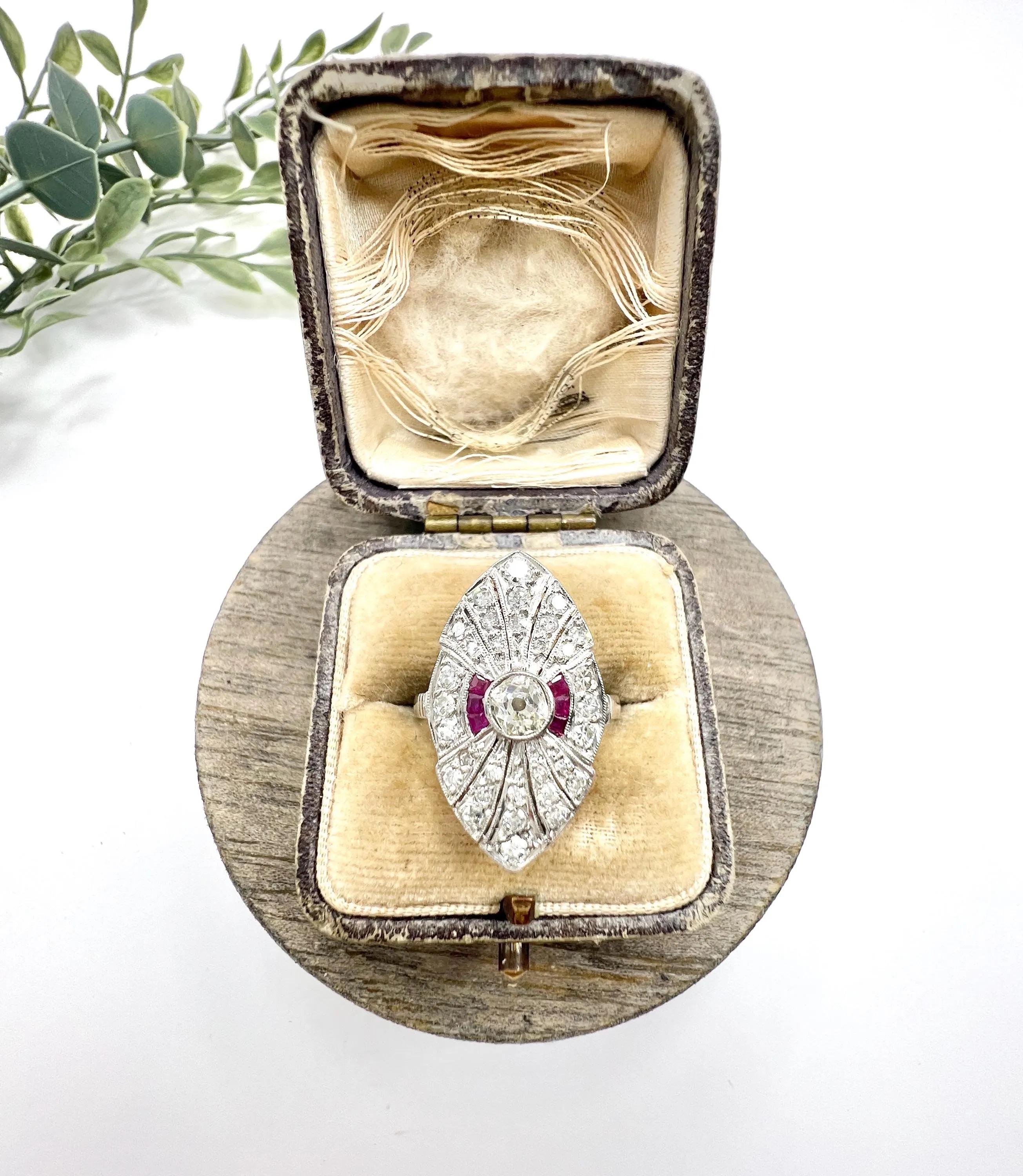 Platinum, Art Deco Style Diamond & Ruby Marquise / Navette Shaped Ring For Sale 1