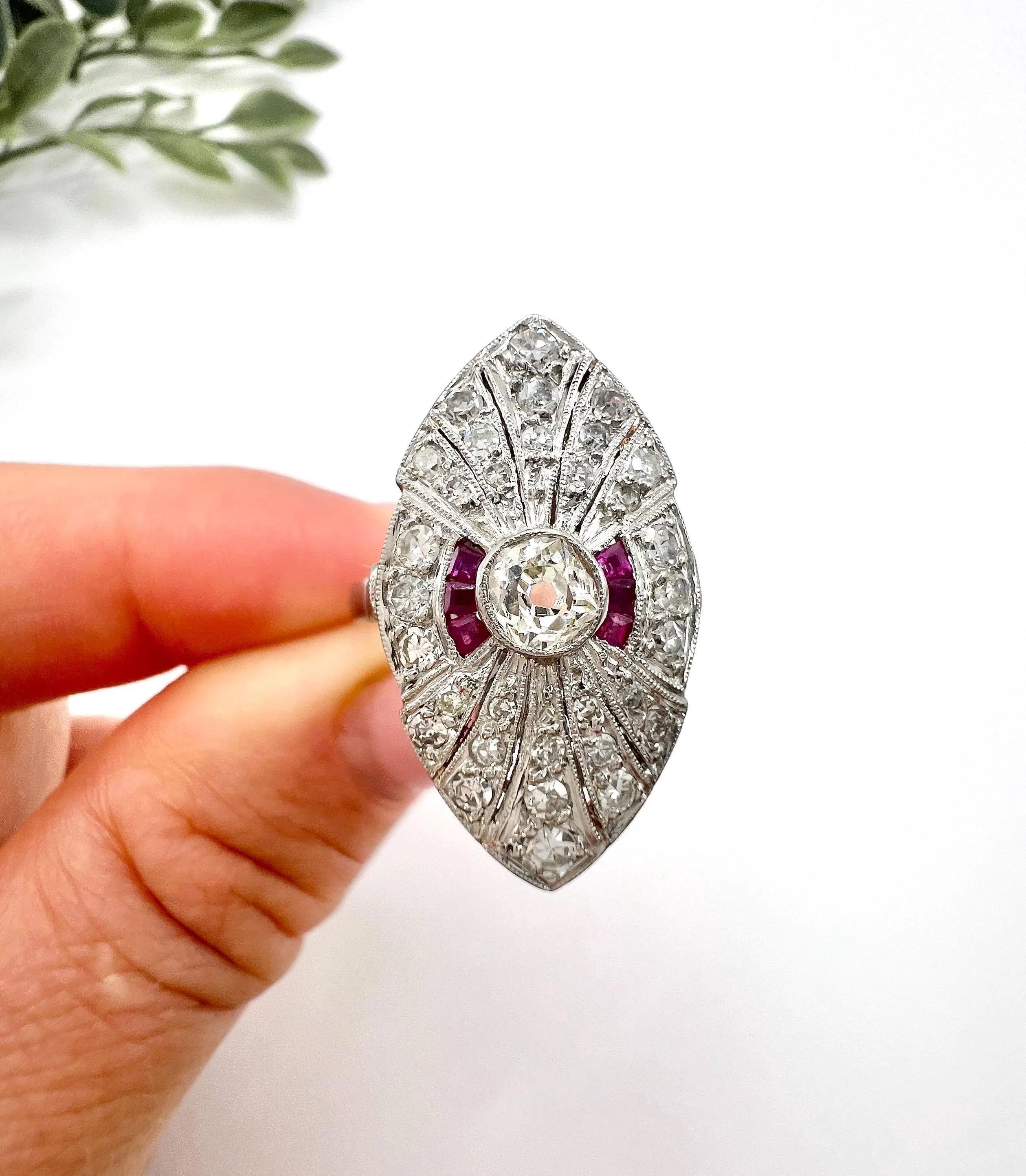 Platinum, Art Deco Style Diamond & Ruby Marquise / Navette Shaped Ring For Sale 3