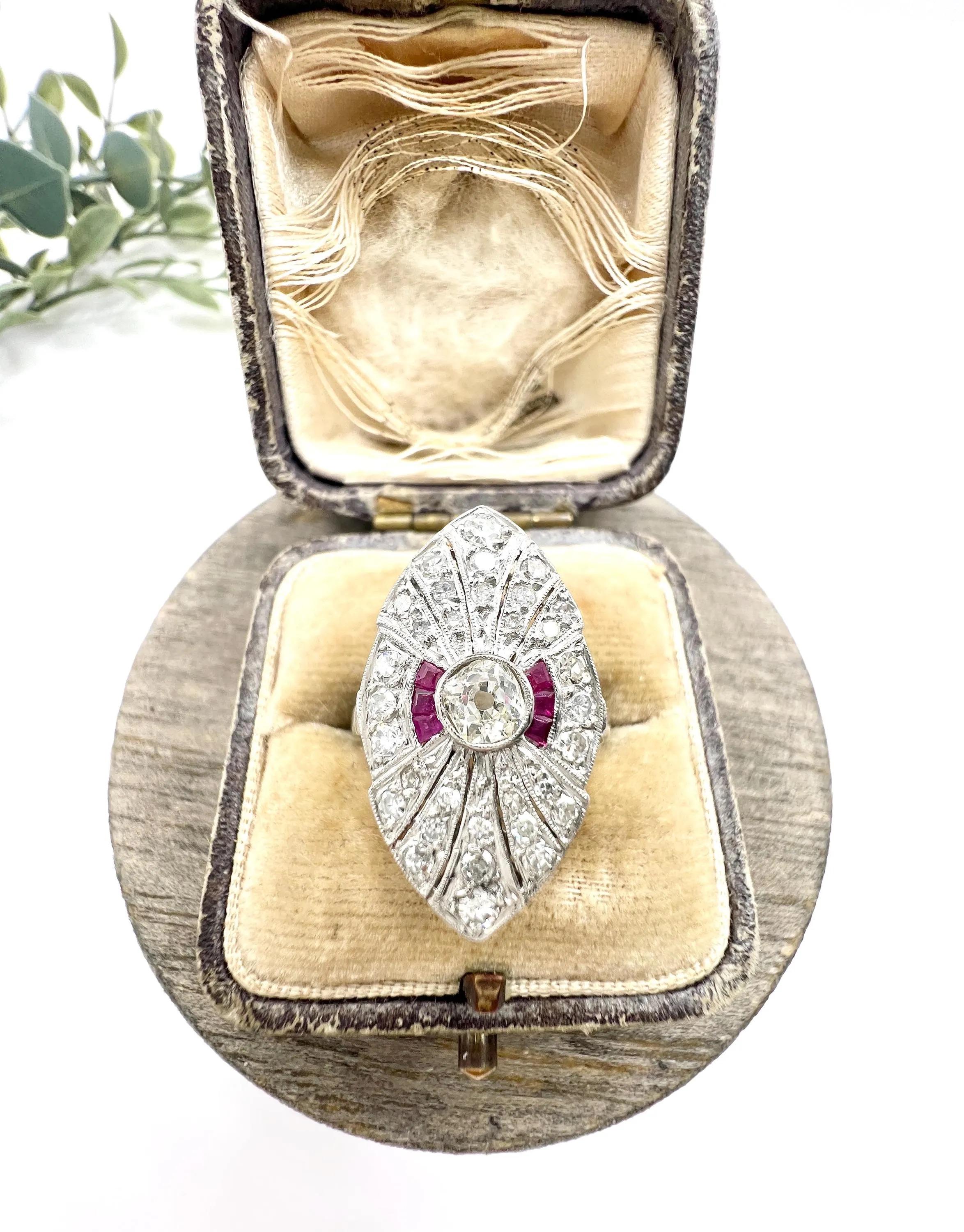 Platinum, Art Deco Style Diamond & Ruby Marquise / Navette Shaped Ring For Sale 4