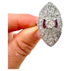 Platinum, Art Deco Style Diamond & Ruby Marquise / Navette Shaped Ring
