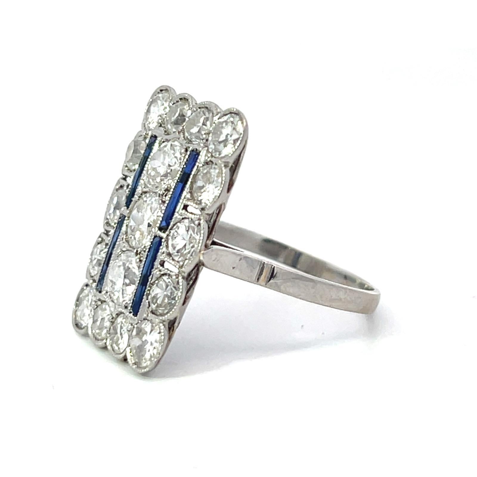 Bague en platine de style Art déco avec diamant et saphir Pour femmes en vente