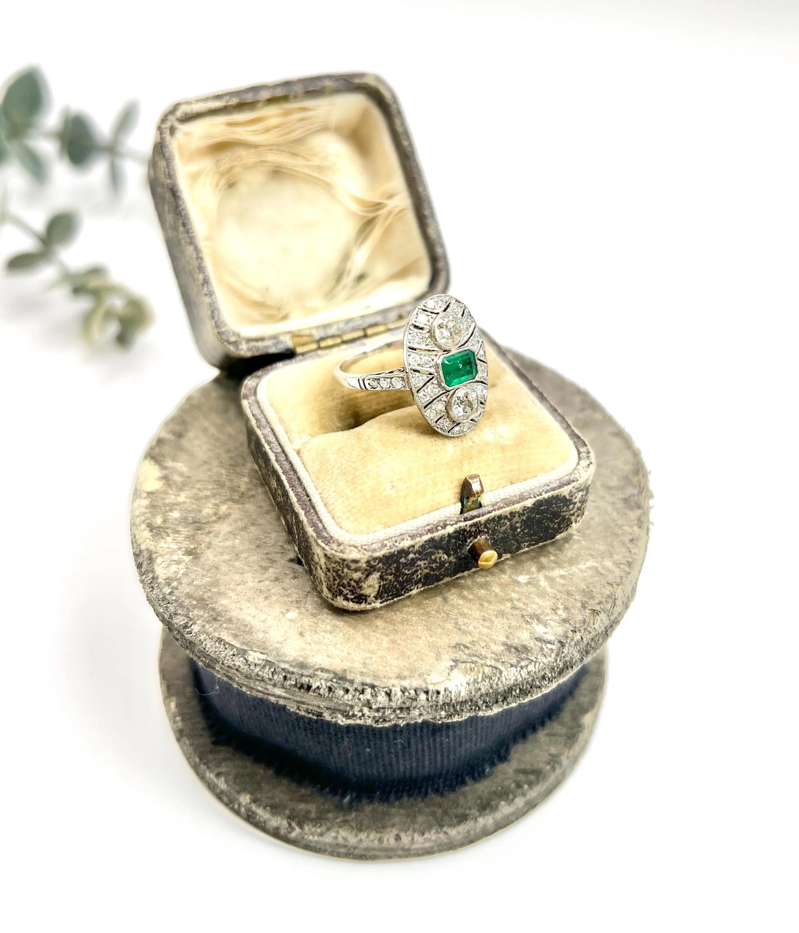 Platinum, Art Deco Style, Emerald & Diamond Oval Shield Shaped Ring For Sale 6