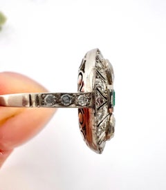 Platinum, Art Deco Style, Emerald & Diamond Oval Shield Shaped Ring