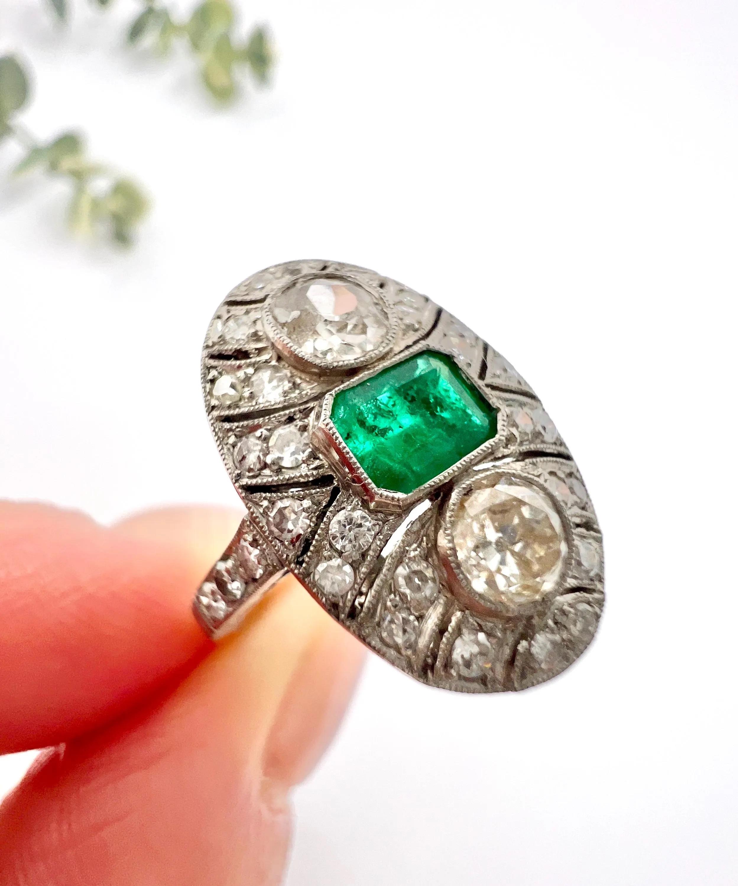 Emerald Cut Platinum, Art Deco Style, Emerald & Diamond Oval Shield Shaped Ring For Sale
