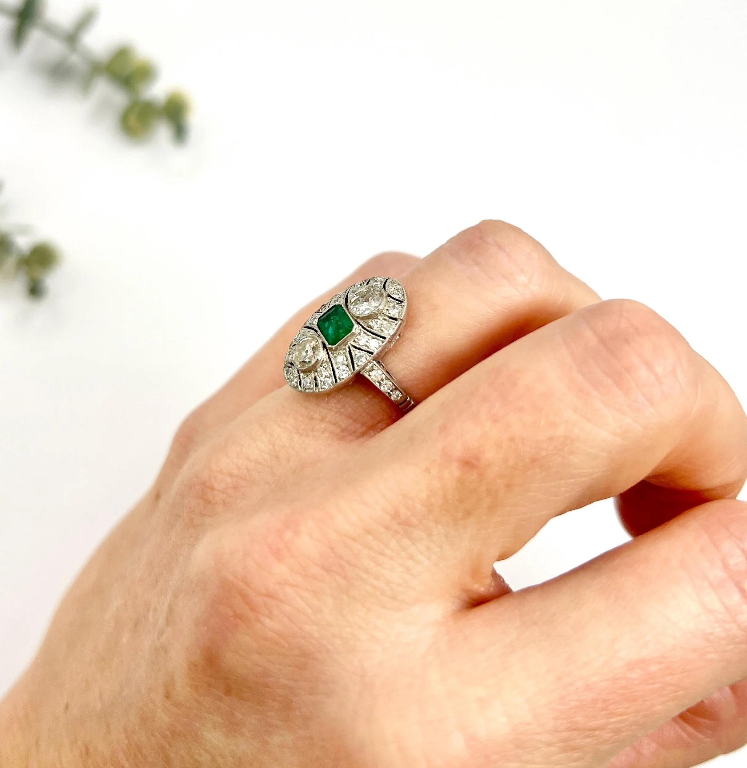 Women's or Men's Platinum, Art Deco Style, Emerald & Diamond Oval Shield Shaped Ring For Sale