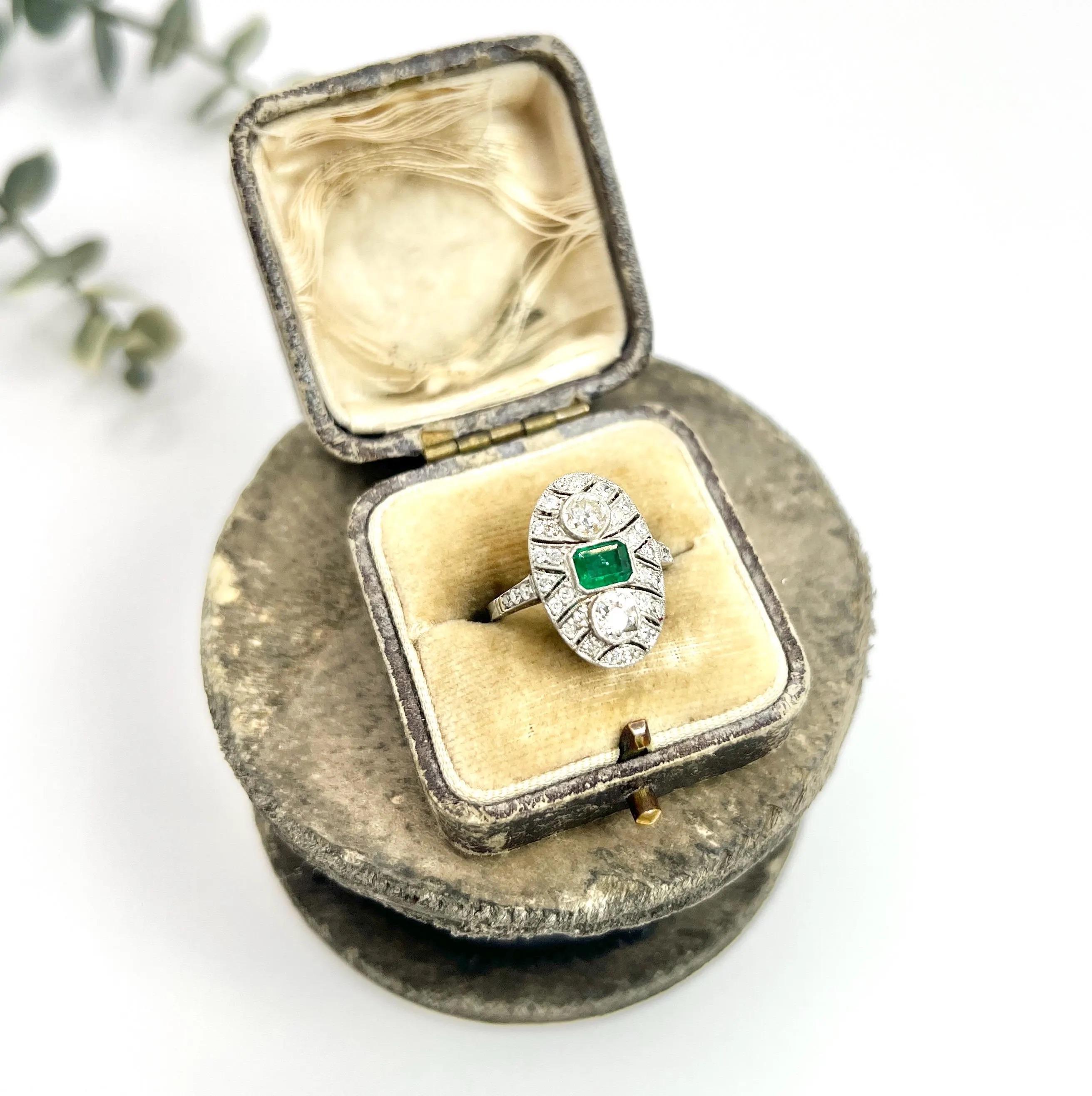 Platinum, Art Deco Style, Emerald & Diamond Oval Shield Shaped Ring For Sale 2