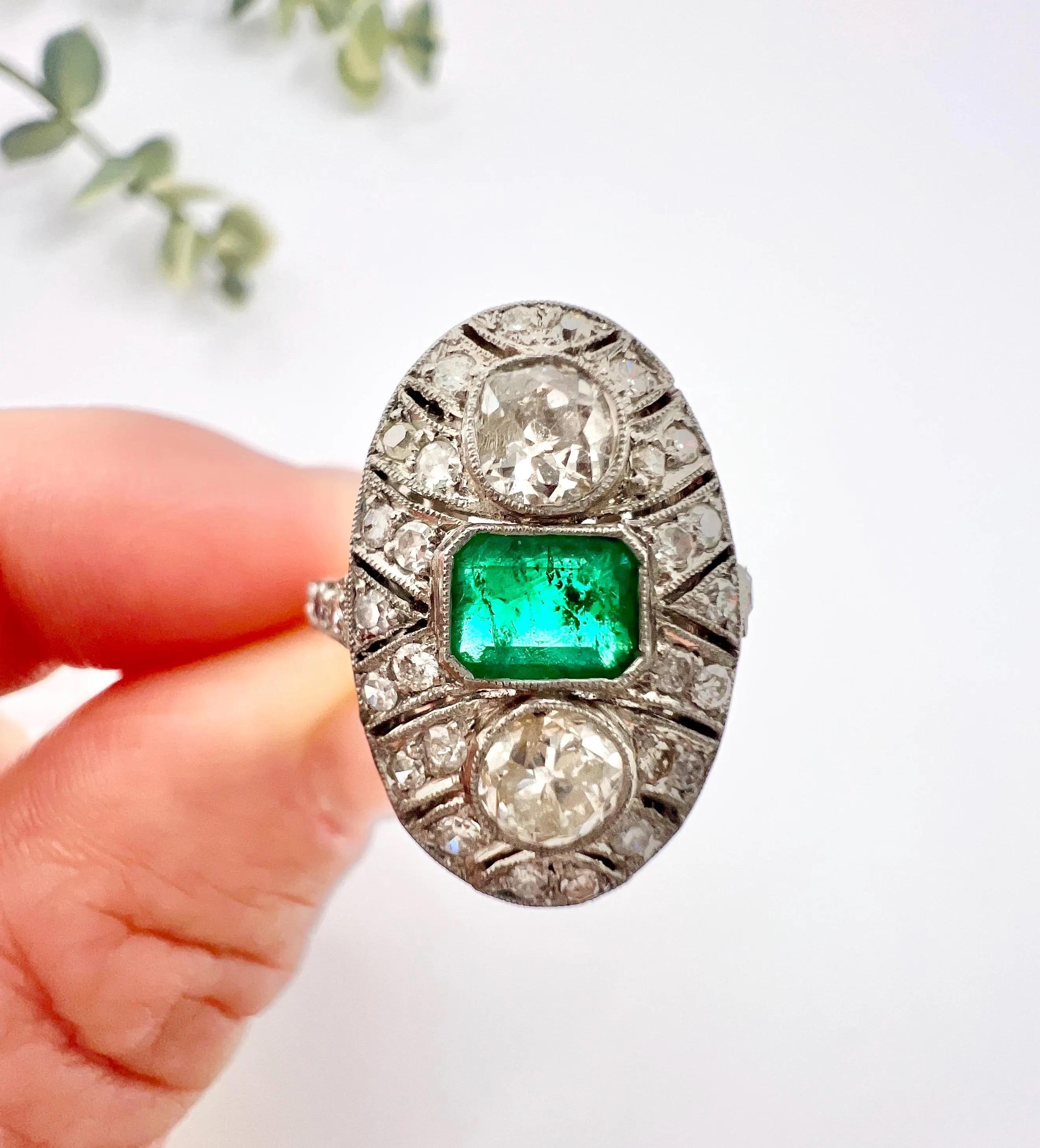 Platinum, Art Deco Style, Emerald & Diamond Oval Shield Shaped Ring For Sale 3