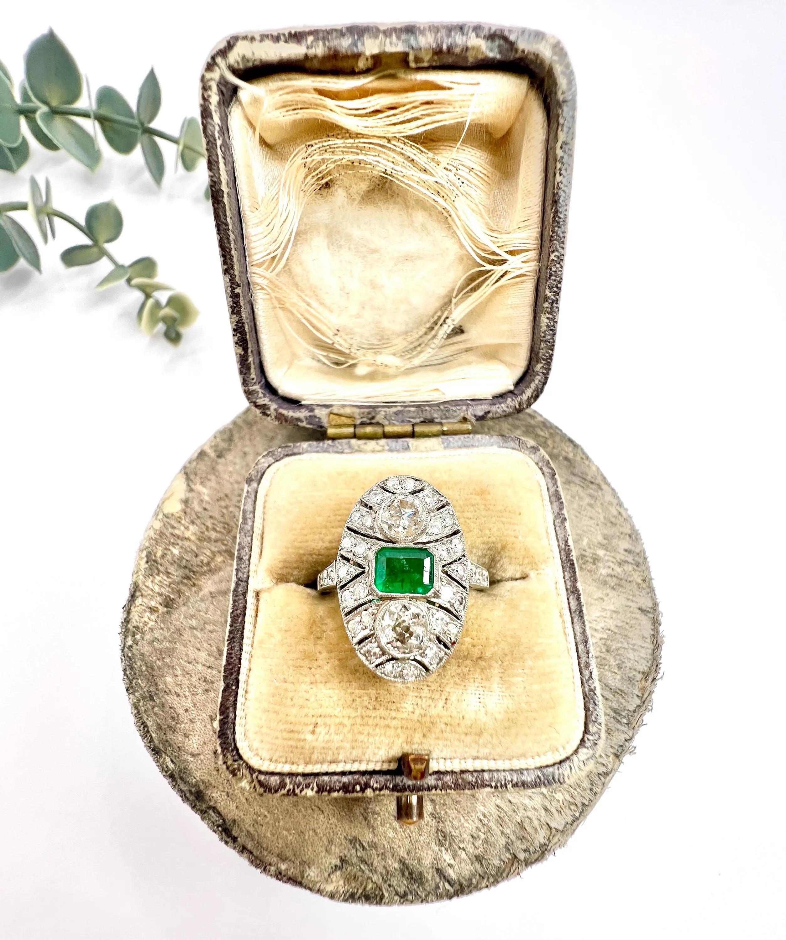 Platinum, Art Deco Style, Emerald & Diamond Oval Shield Shaped Ring For Sale 4