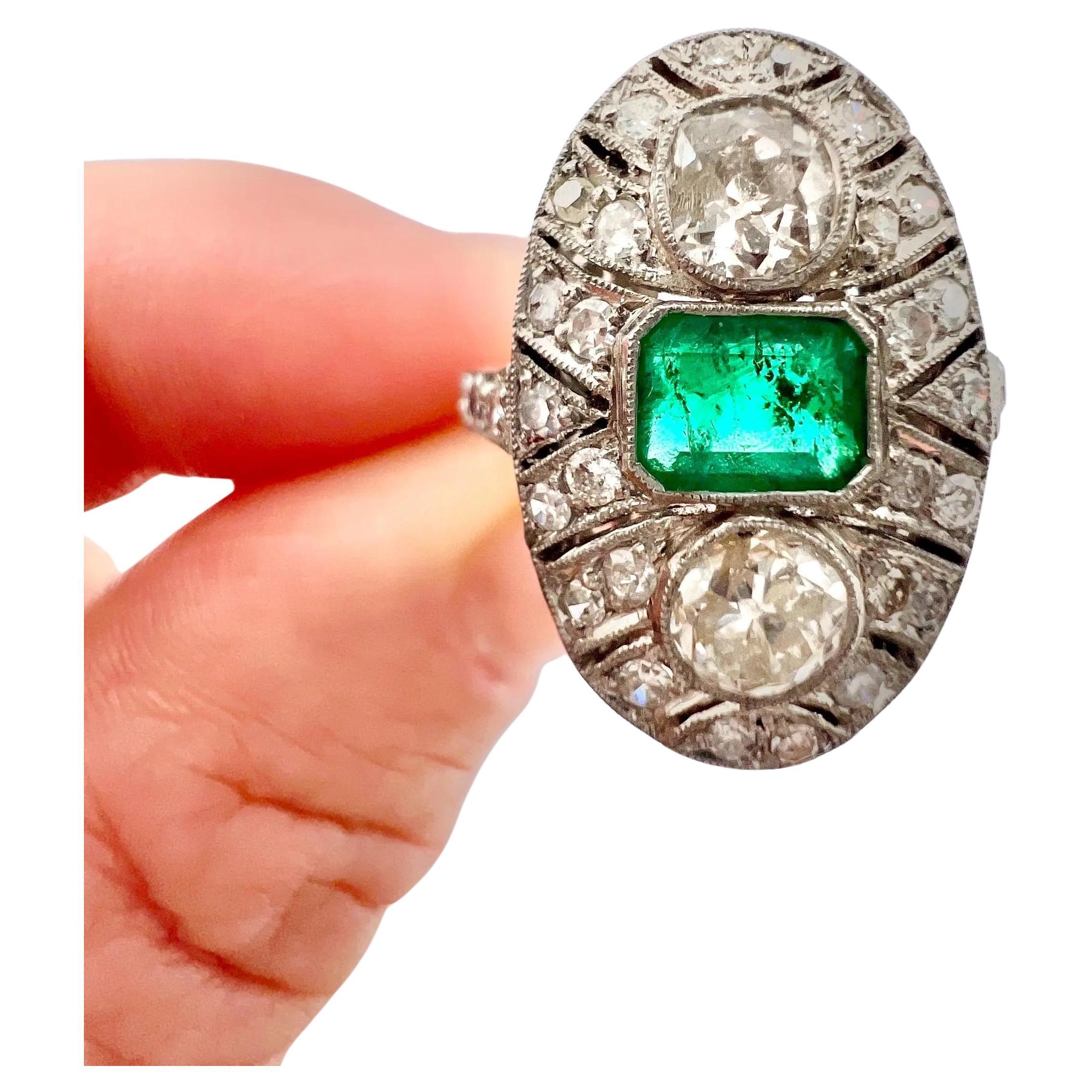 Platinum, Art Deco Style, Emerald & Diamond Oval Shield Shaped Ring
