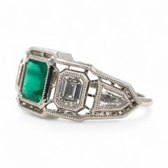 Platinum Art Deco Style GIA Brazilian Emerald and Diamond Ring