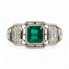 Platinum Art Deco Style GIA Brazilian Emerald and Diamond Ring