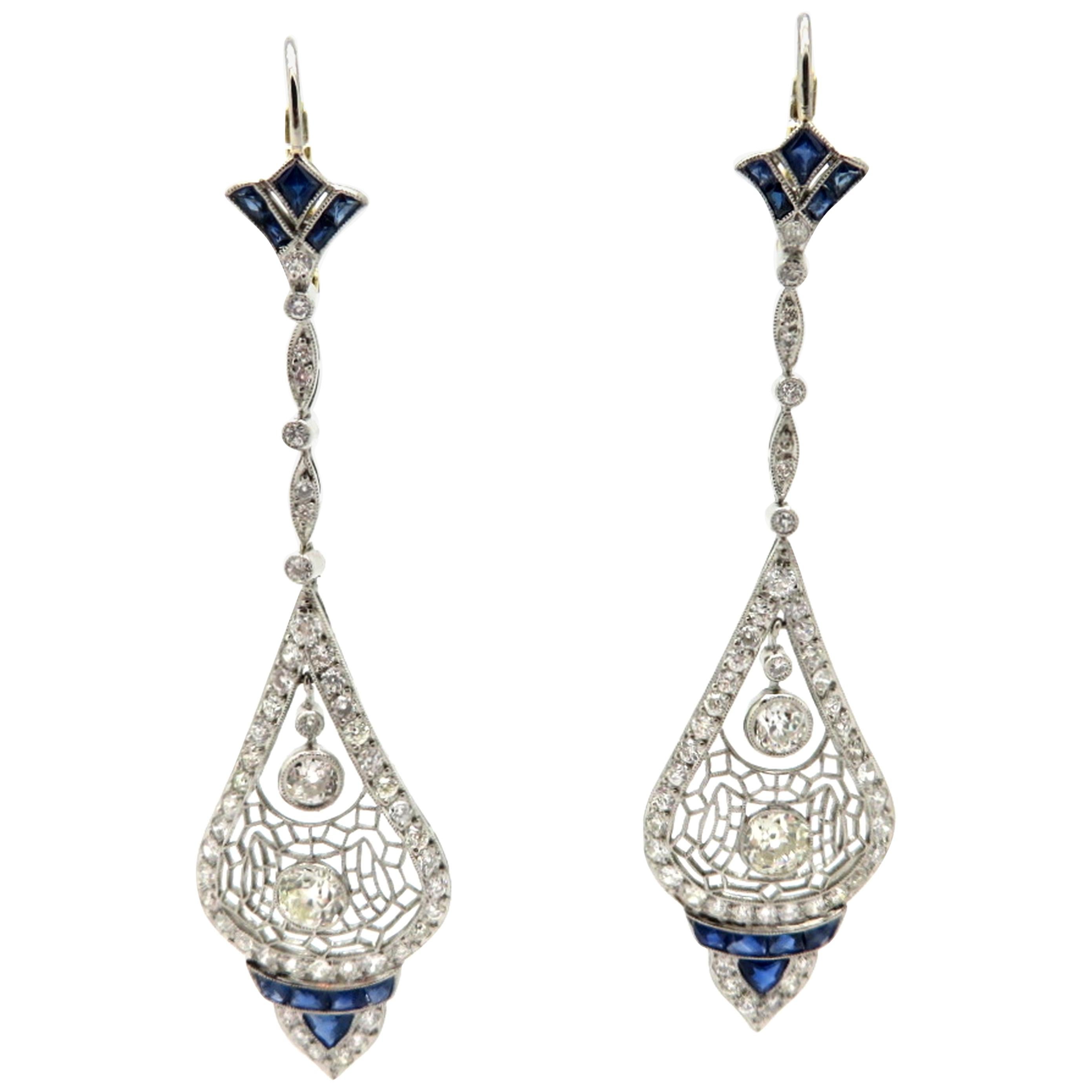 Platinum Art Deco Style Old European Cut Diamond and Sapphire Dangle Earrings For Sale