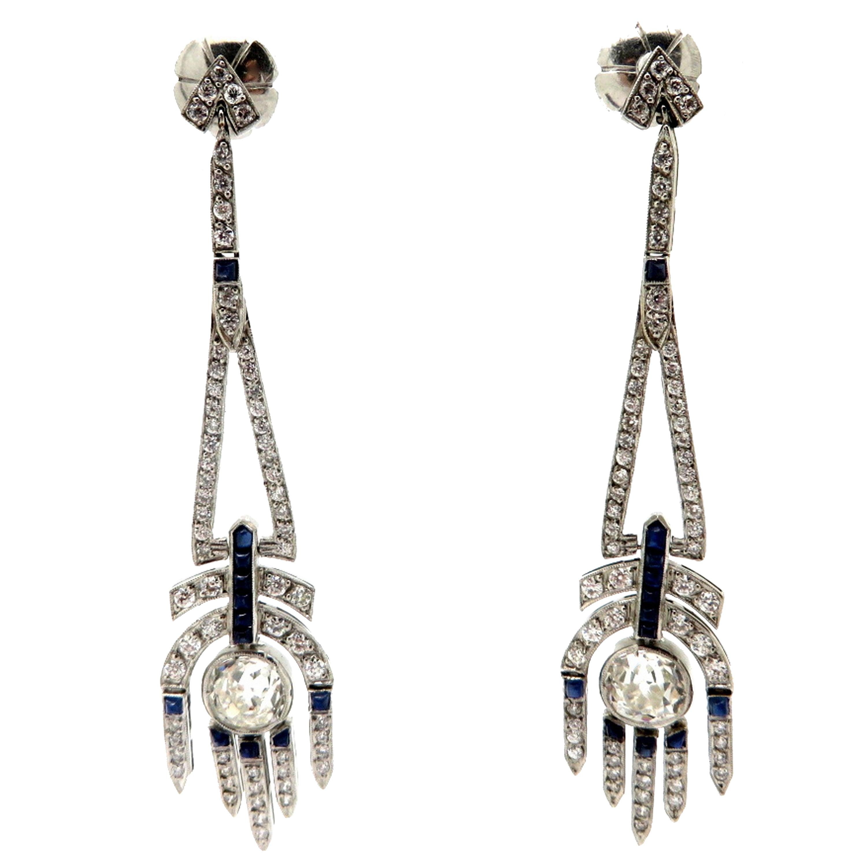 Platinum Art Deco Style Old Mine Cut Diamond and Sapphire Dangle Earrings For Sale