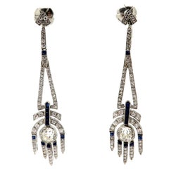 Platinum Art Deco Style Old Mine Cut Diamond and Sapphire Dangle Earrings