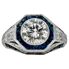 Platinum Art-Deco Style Ring set with Center .97Ct G/VS2 GIA Diamond & Sapphires