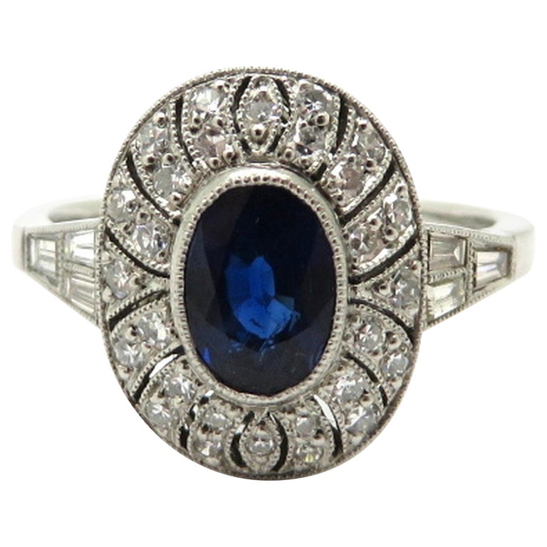 Platinum Art Deco Style Round and Baguette Diamond and Sapphire Ring ...