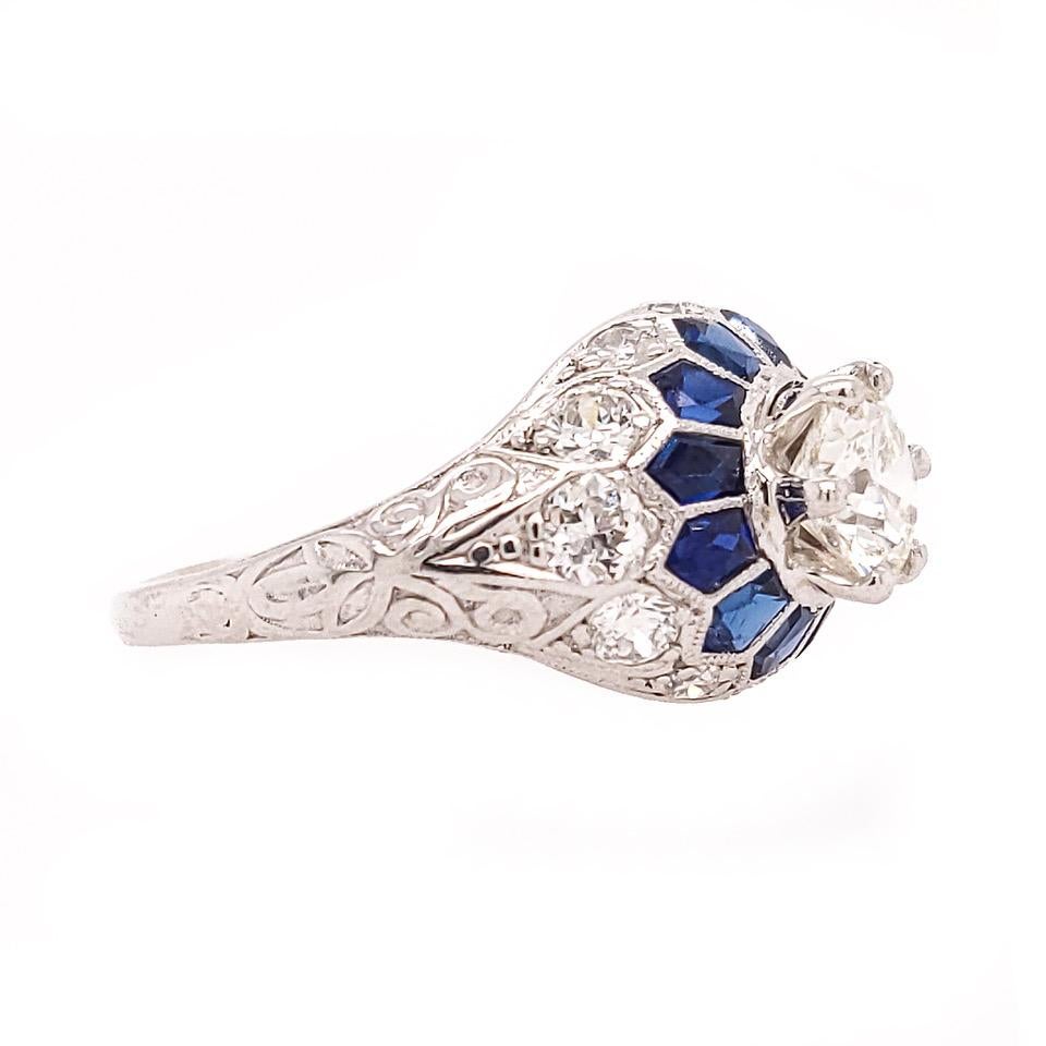 Platinum Art Deco Style Sapphire and Diamond Engagement Ring In Good Condition For Sale In New York, NY