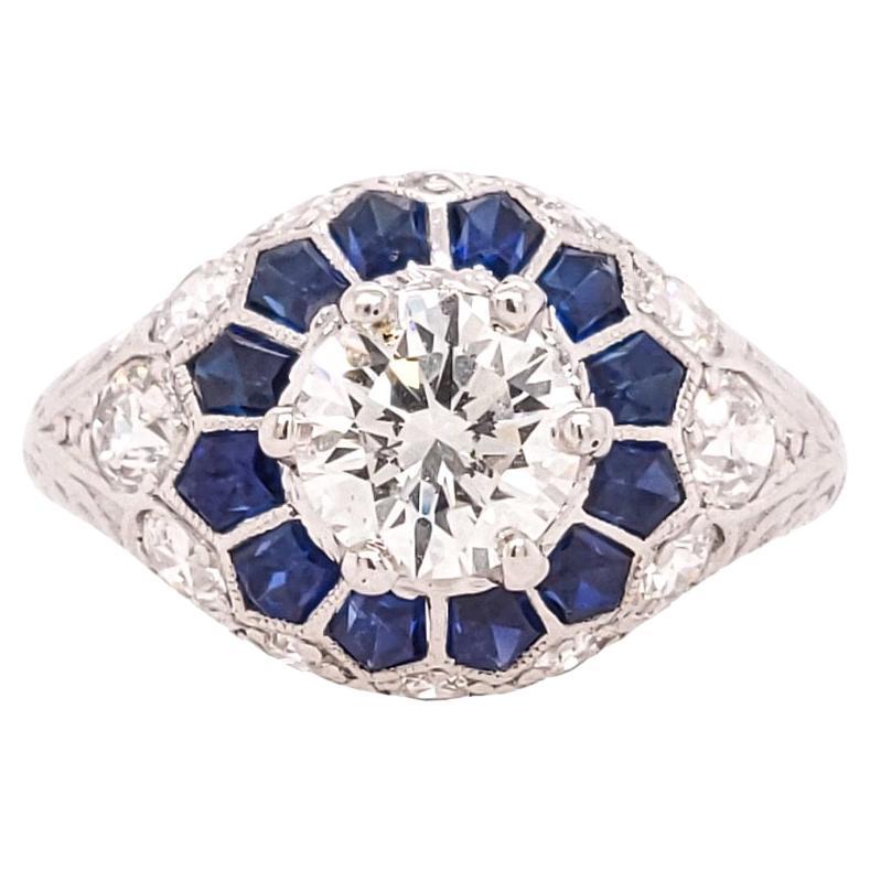 Platinum Art Deco Style Sapphire and Diamond Engagement Ring