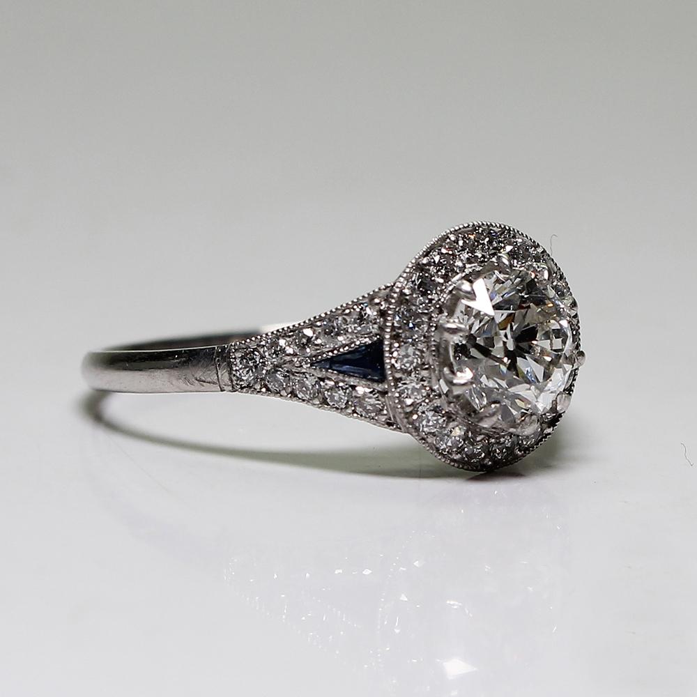 Platinum Art Deco Style Sapphire and Diamond Halo Engagement Ring In Excellent Condition For Sale In Scottsdale, AZ