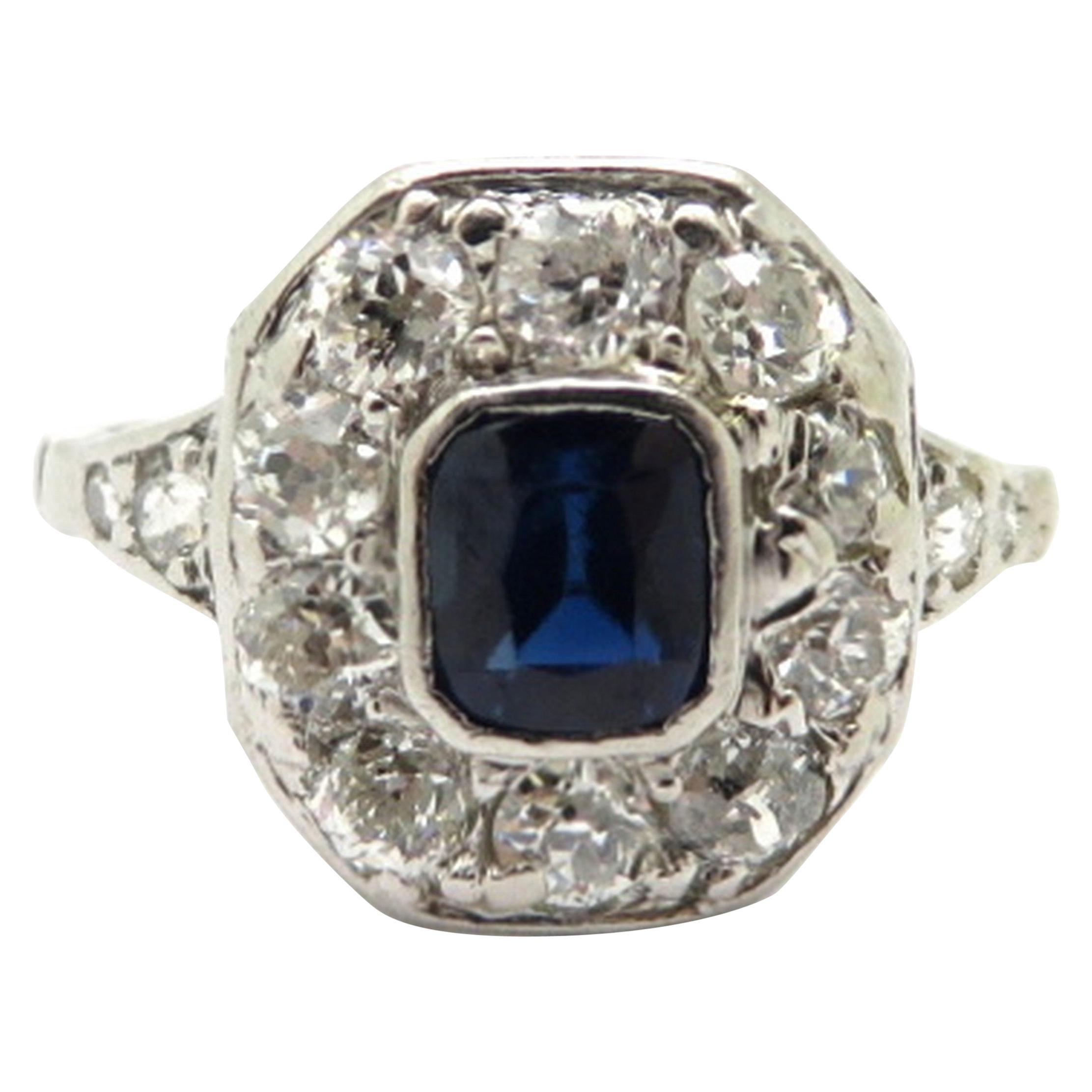 Platinum Art Deco Style Sapphire and Round Diamond Ring
