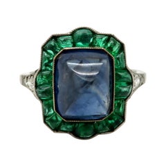 Platinum Art Deco Style Sapphire, Emerald, and Diamond Antique Estate Ring