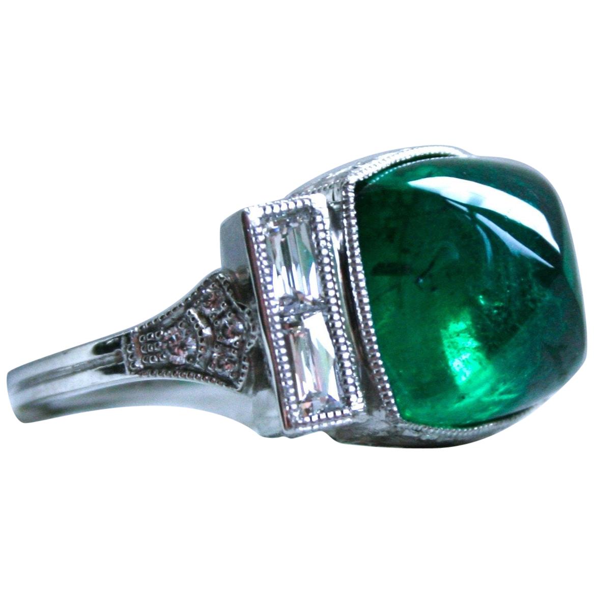 Platinum Art Deco Style Sugarloaf Emerald and Diamond Ring Engagement Ring
