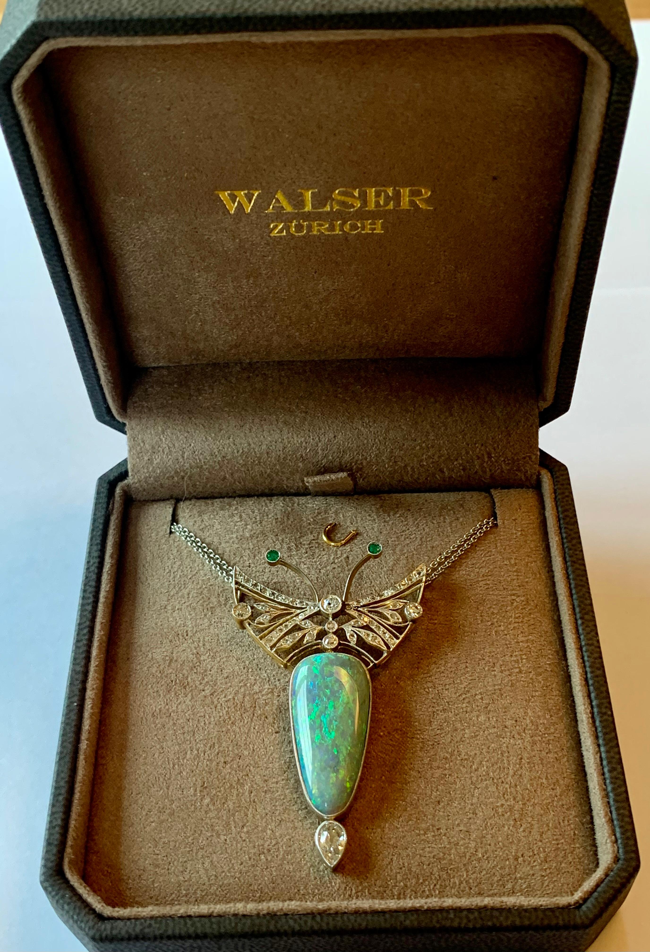Platinum Art Nouveau Butterfly Opal Diamond Pendant with Chain For Sale 4