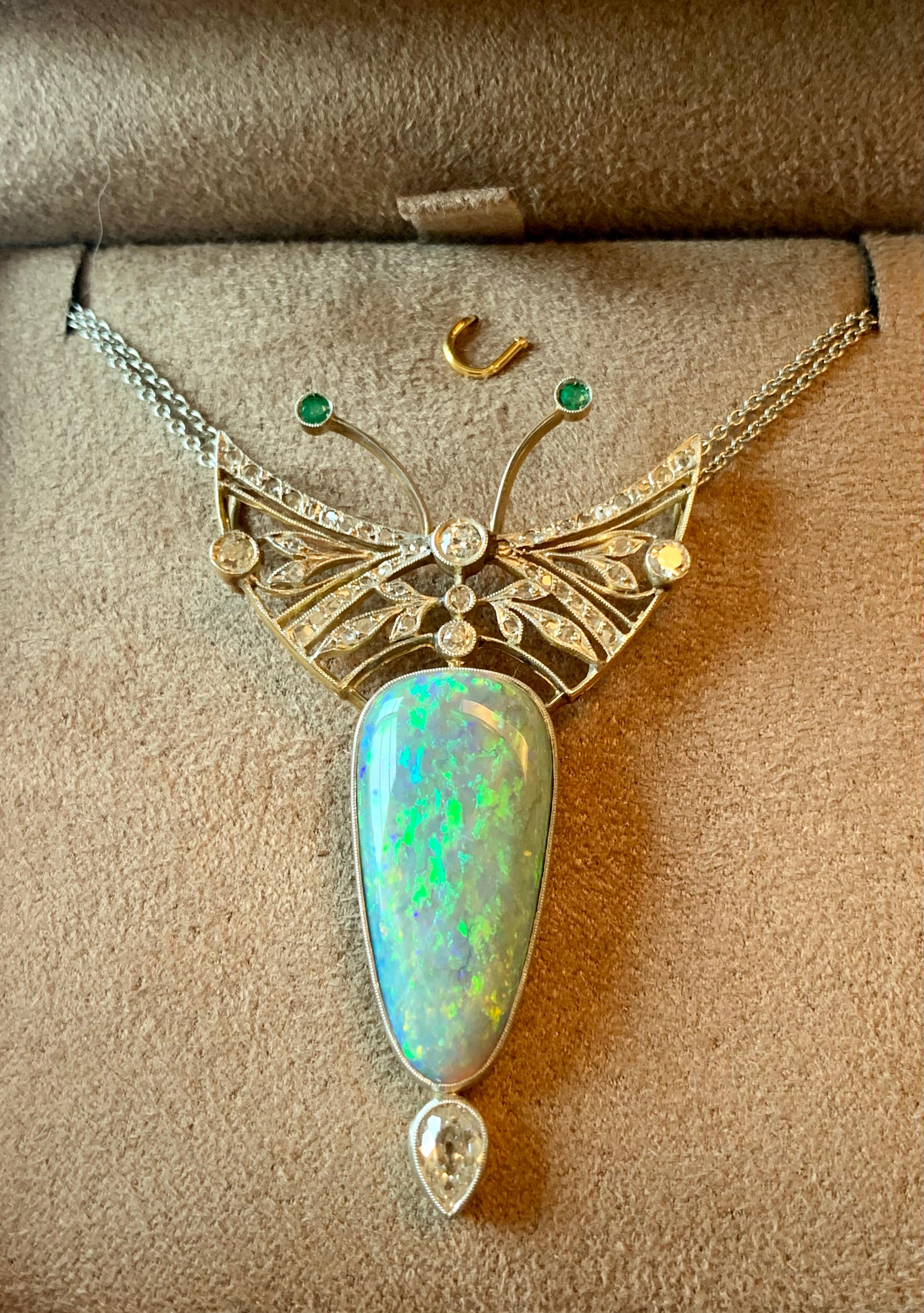 Platinum Art Nouveau Butterfly Opal Diamond Pendant with Chain For Sale 5