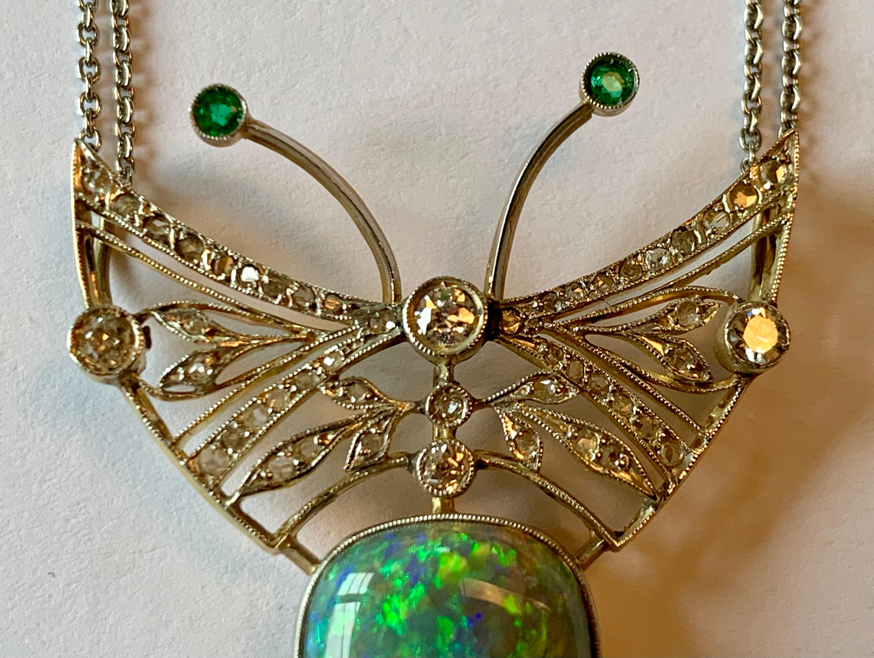 Women's Platinum Art Nouveau Butterfly Opal Diamond Pendant with Chain For Sale