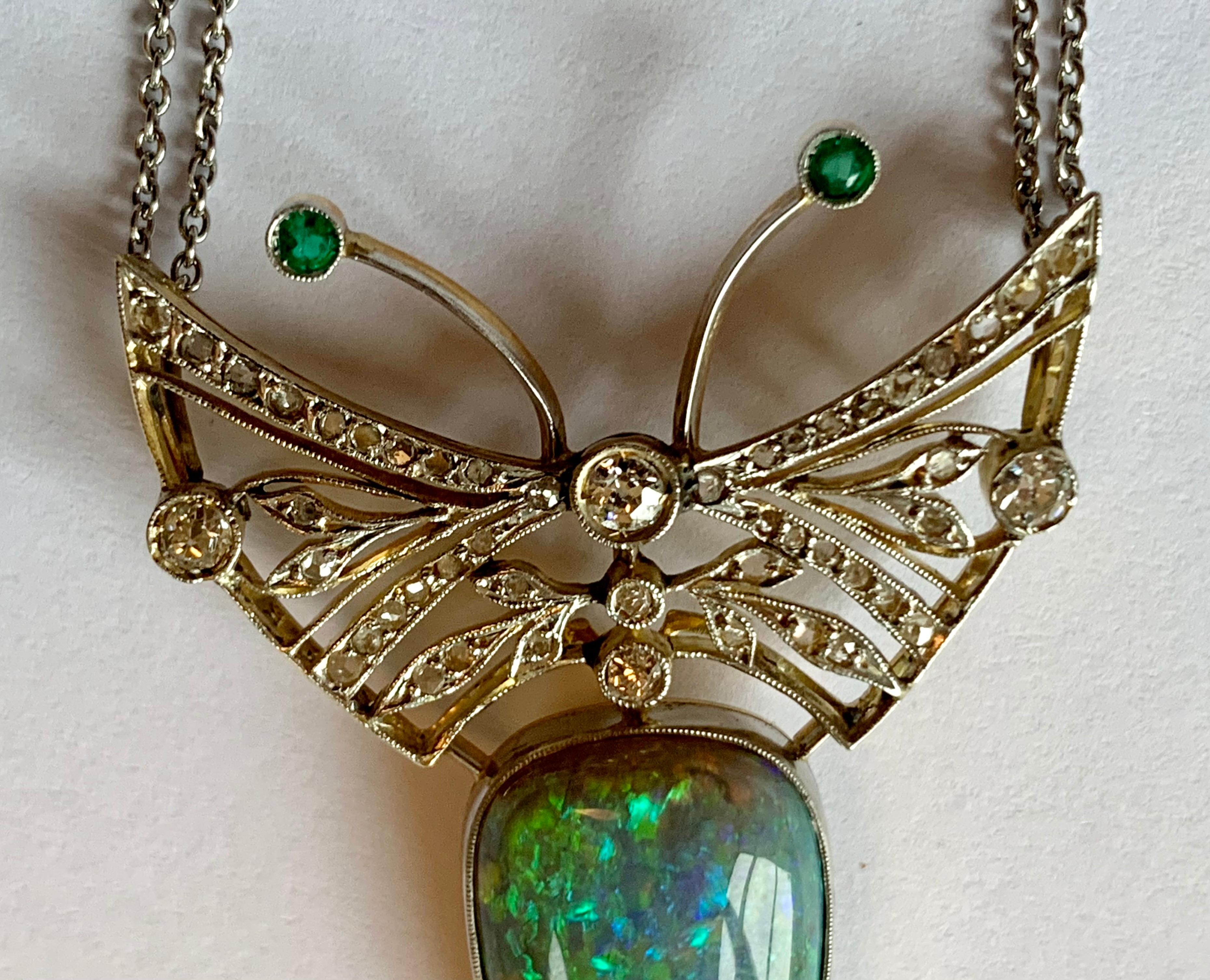 Platinum Art Nouveau Butterfly Opal Diamond Pendant with Chain For Sale 1