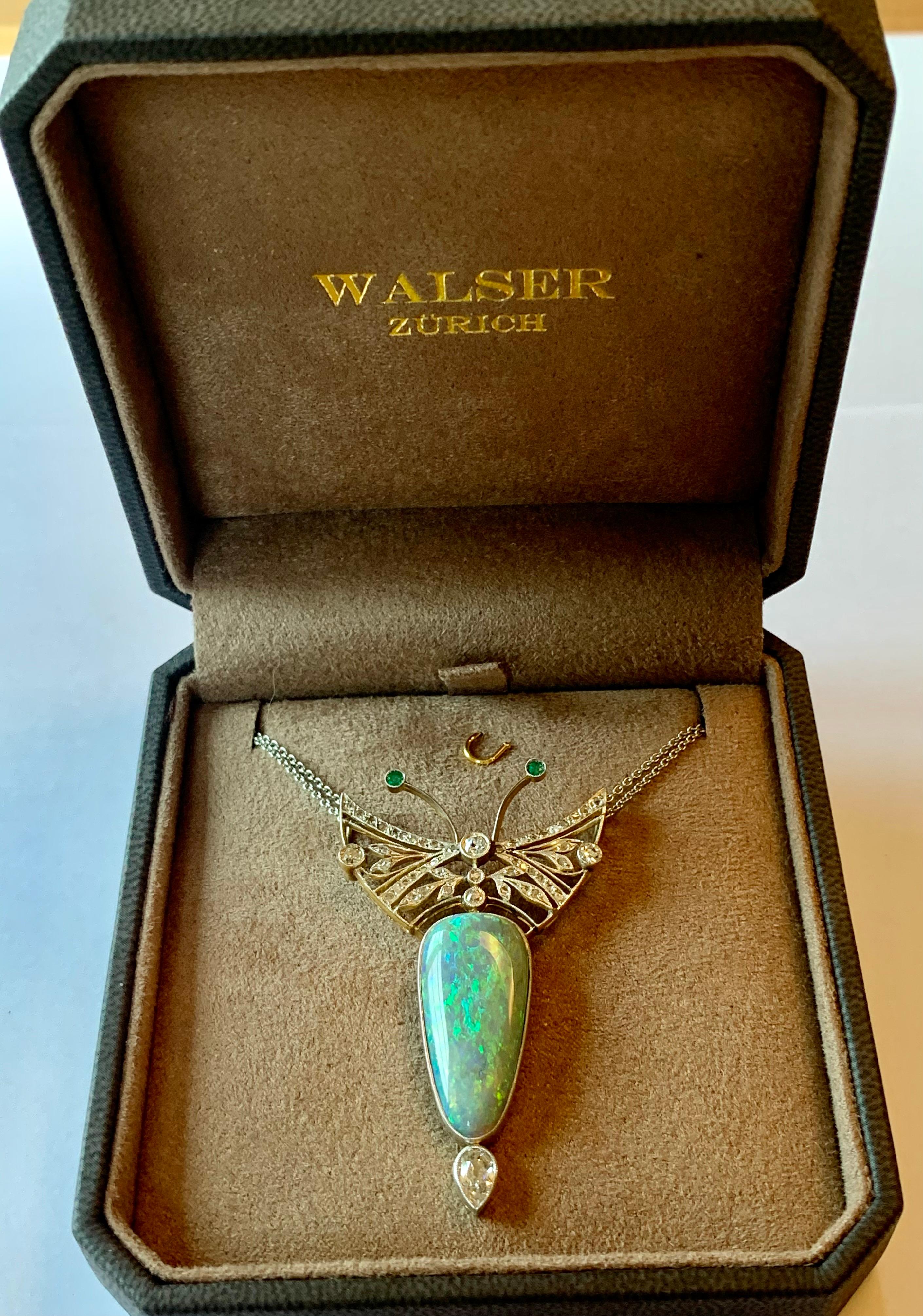 Platinum Art Nouveau Butterfly Opal Diamond Pendant with Chain For Sale 3