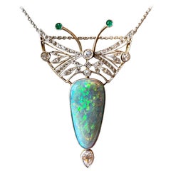 Vintage Platinum Art Nouveau Butterfly Opal Diamond Pendant with Chain