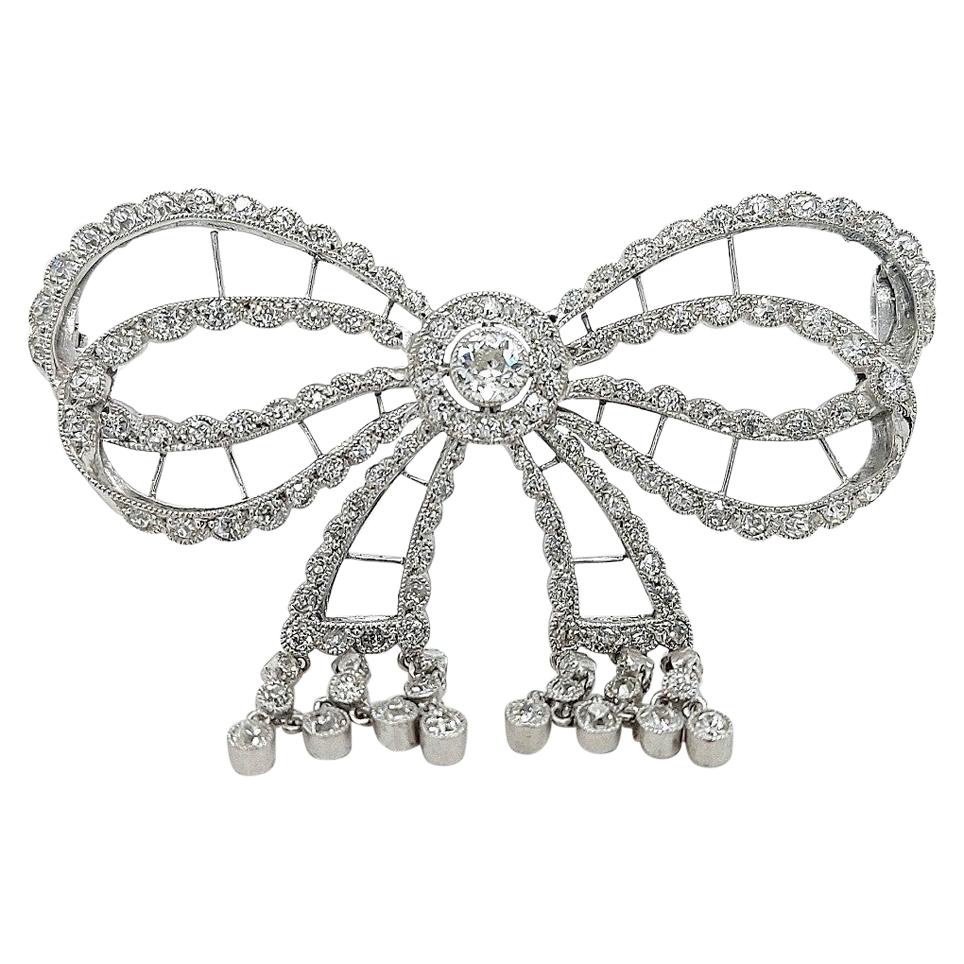 Platinum Artdeco Bowknot Diamond Brooch with Dangling Diamonds